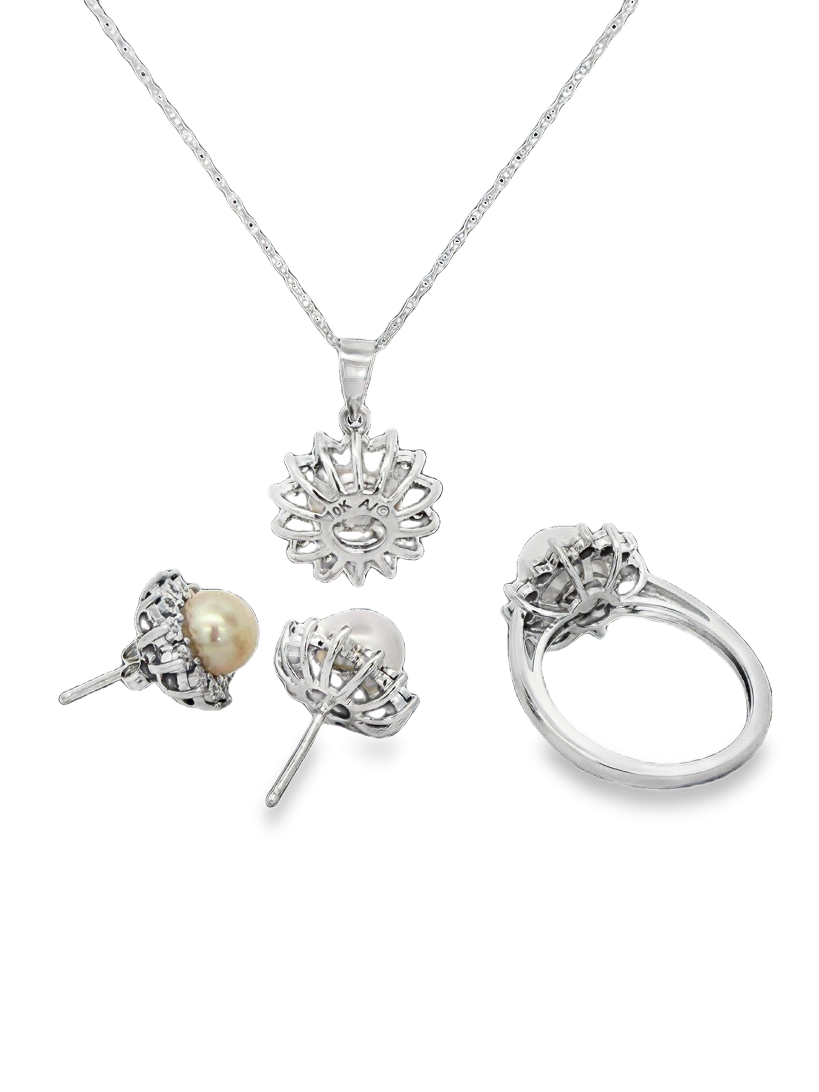 Pearl & Diamond Ring Necklace Earrings Set