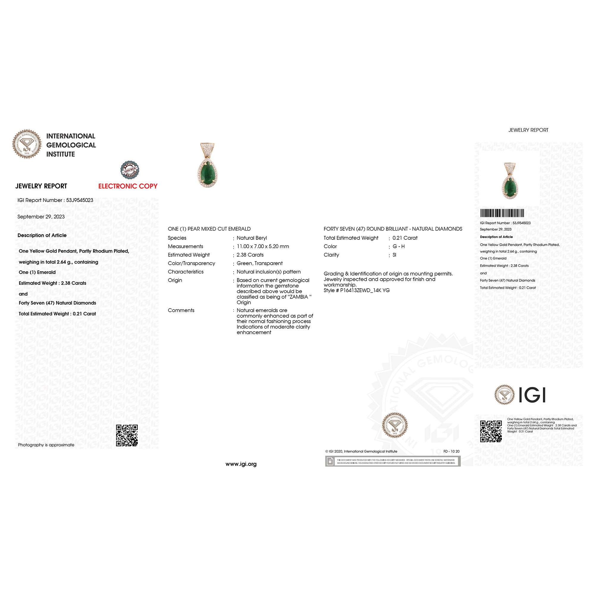 IGI 2.38 CT Zambian Emerald and Diamond Pendant