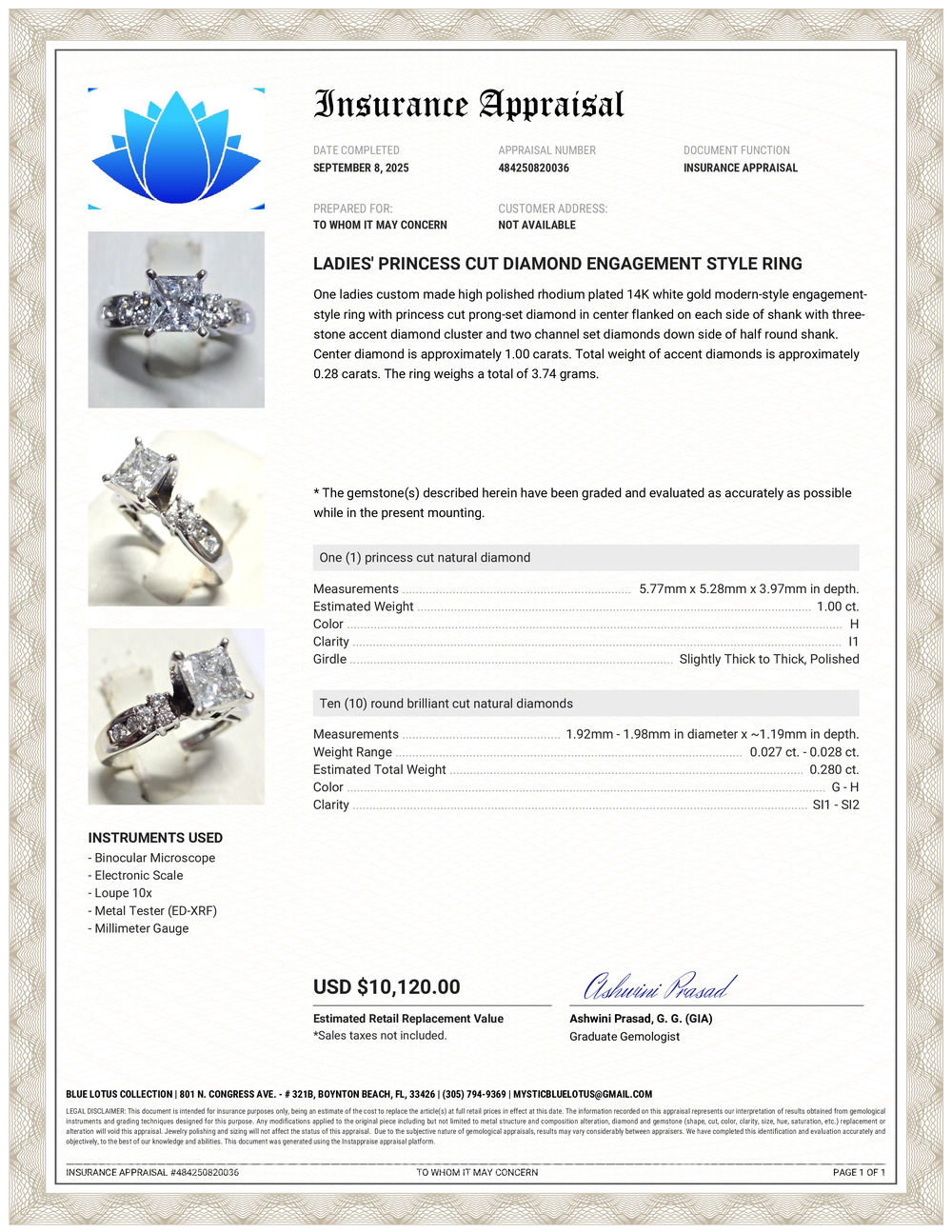 1 Carat Princess cut Diamond Engagement Ring