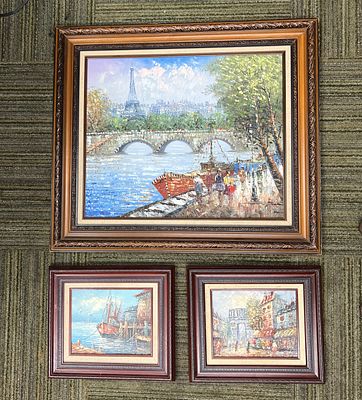 3 Framed Paintings by Burnett and Florence. JB/ESS 
Sizes: 
1 Large 28 X 32" 
2 Small 13.5 X 
