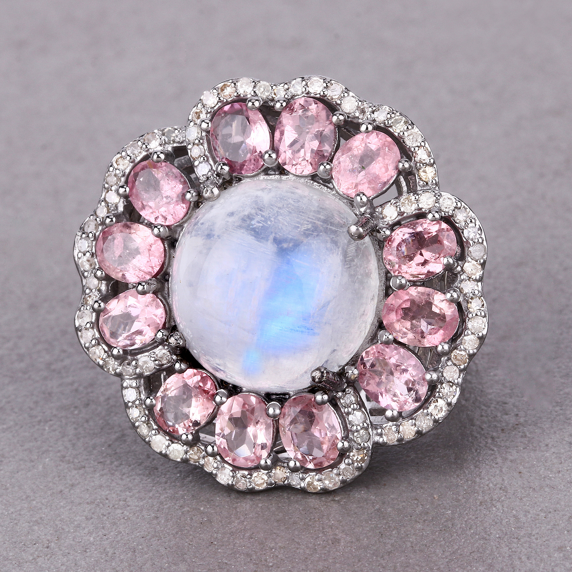 Rainbow Moonstone, Tourmaline and Diamond Ring 925