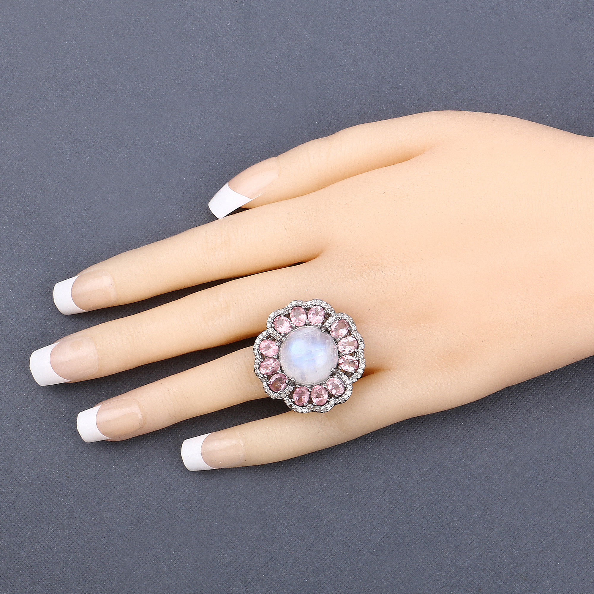 Rainbow Moonstone, Tourmaline and Diamond Ring 925