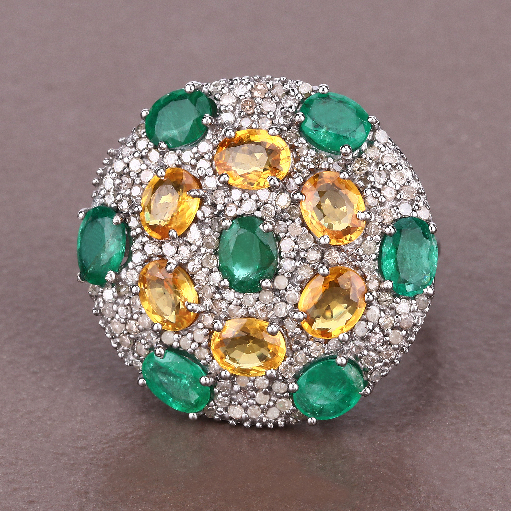 Emerald, Yellow Sapphire & Diamond Ring 925