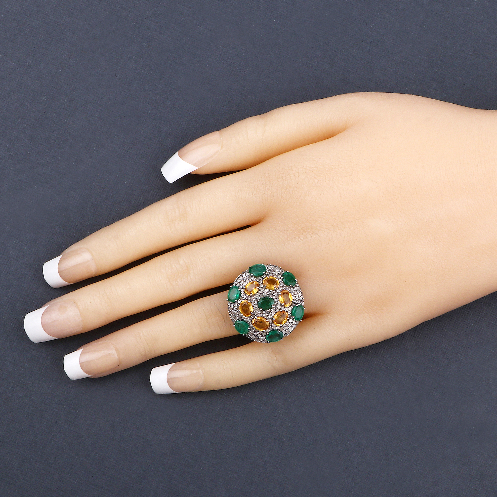 Emerald, Yellow Sapphire & Diamond Ring 925