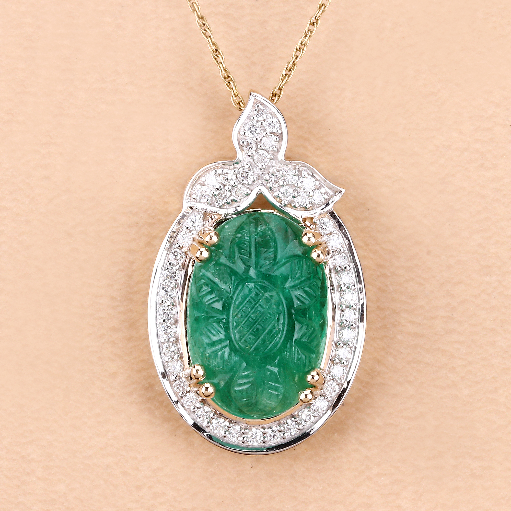 6.75 CT Carved Colombian Emerald & Diamond Pendant