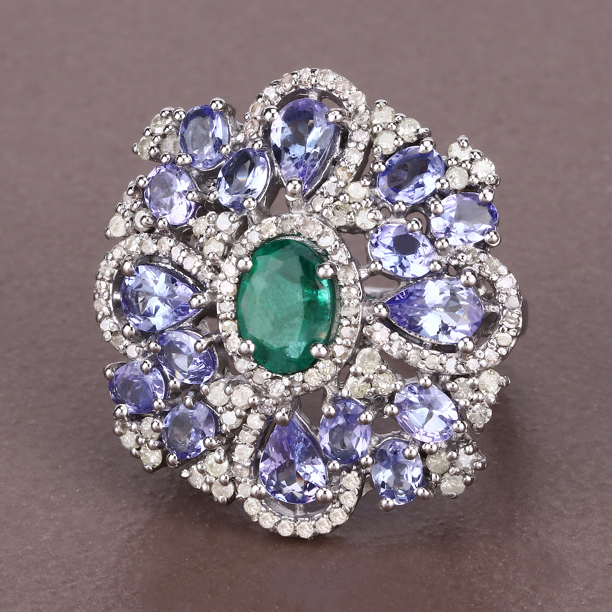 925 Emerald, Tanzanite & Diamond Ring
