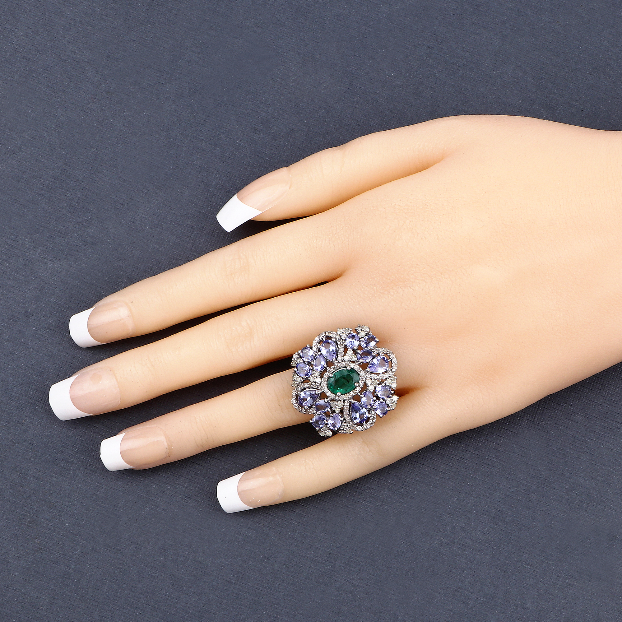925 Emerald, Tanzanite & Diamond Ring
