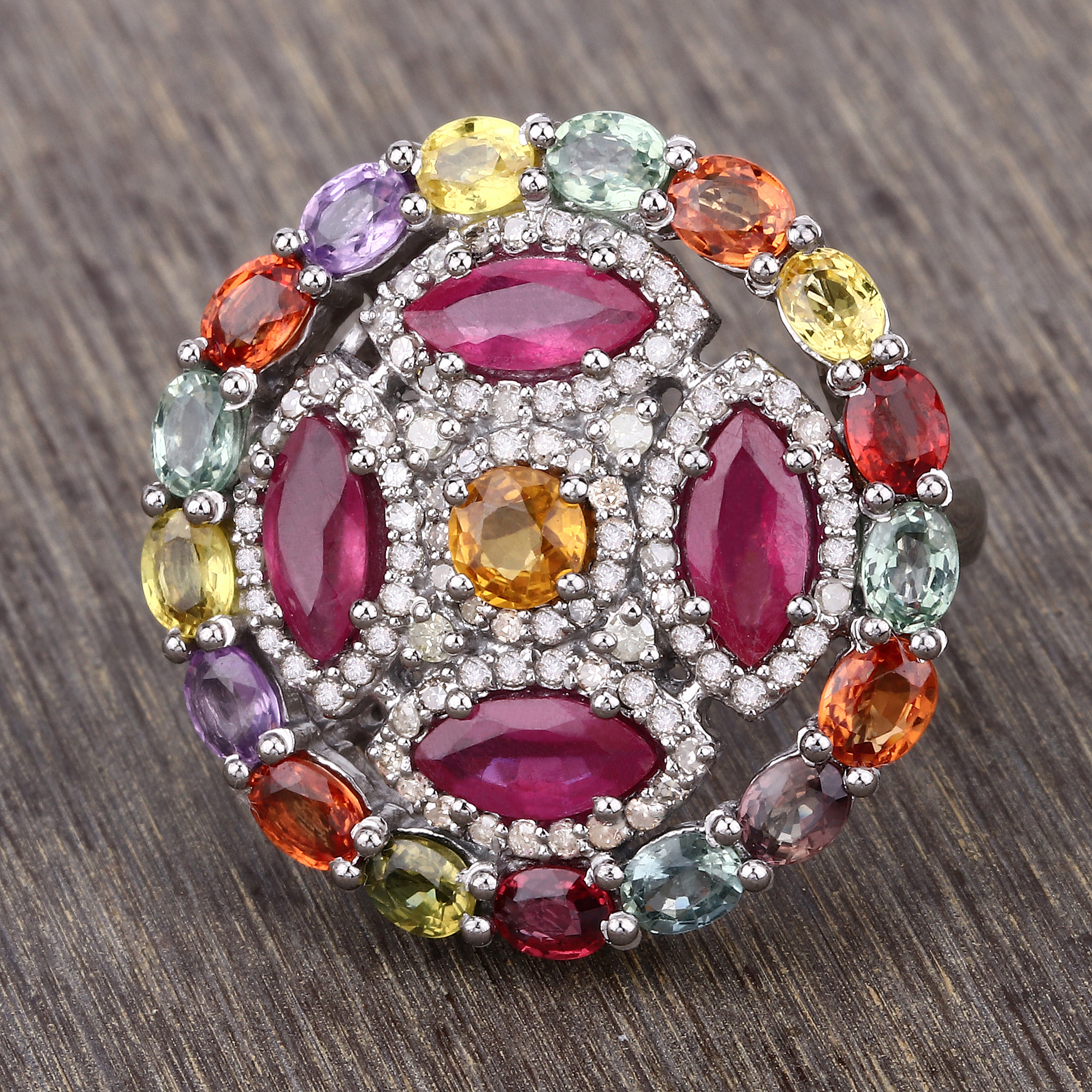 7.21 CT Multi Gemstone & Diamond 925 Ring