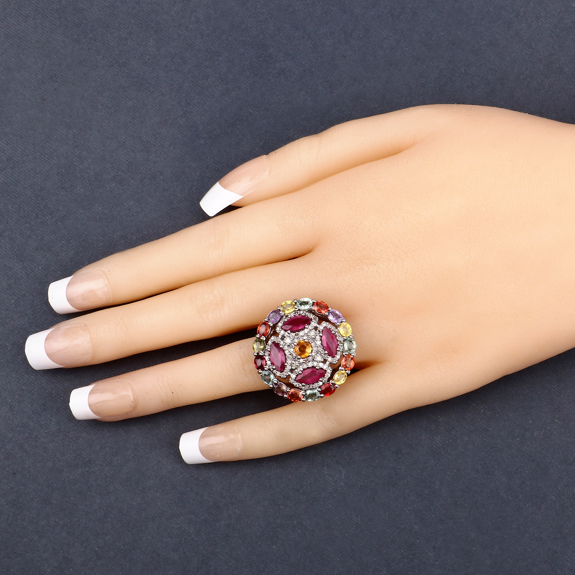 7.21 CT Multi Gemstone & Diamond 925 Ring