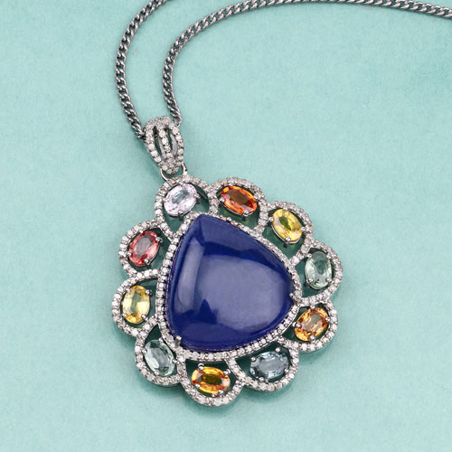 Multi Color Sapphire, Tanzanite & Diamond .925 Pendant Necklace