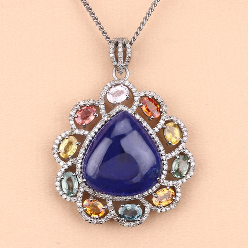 Multi Color Sapphire, Tanzanite & Diamond .925 Pendant Necklace