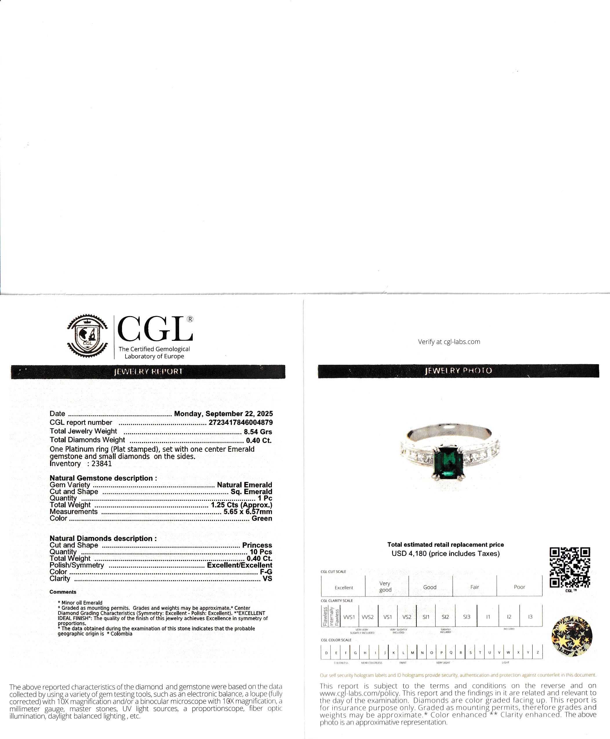 Platinum Emerald & Diamond Ring
