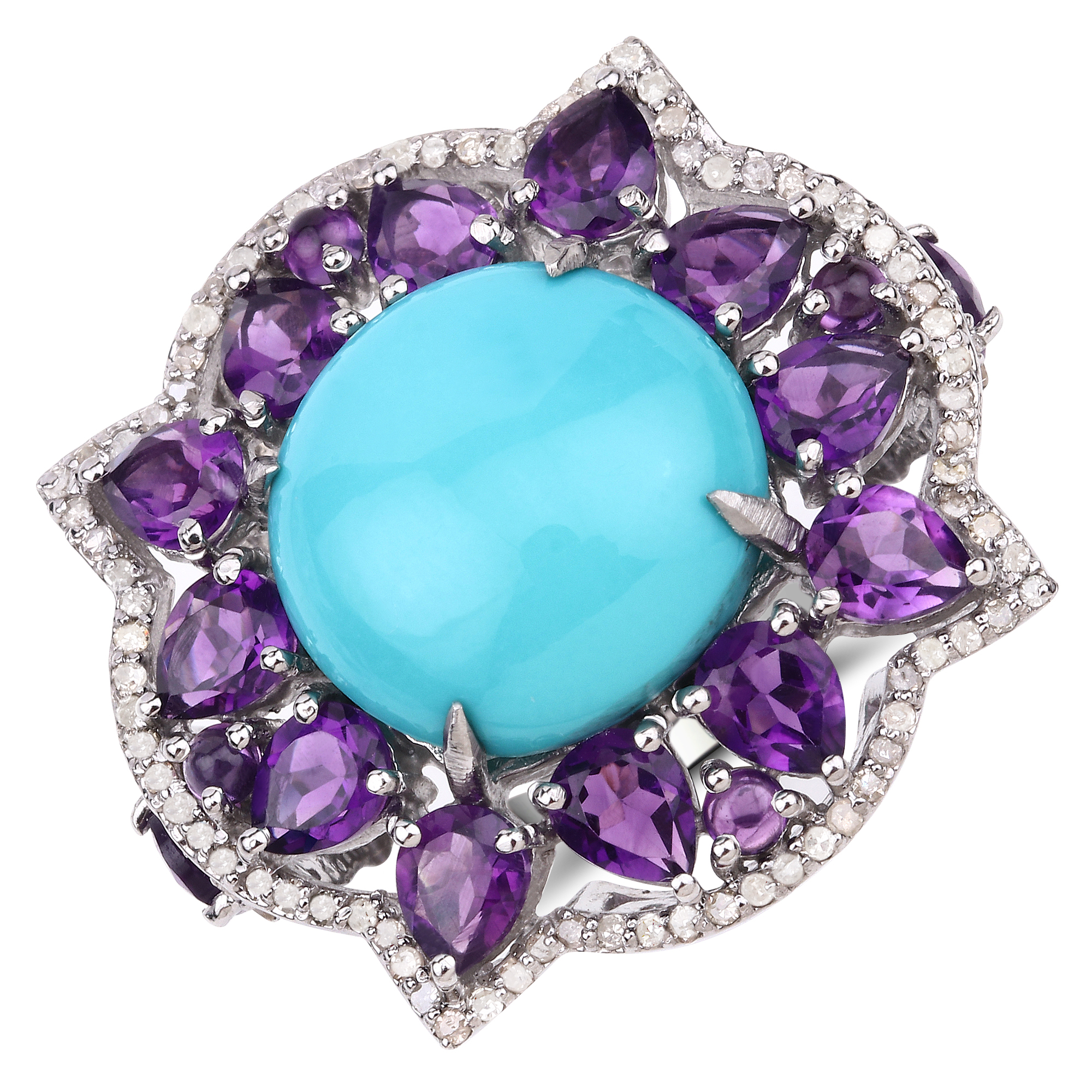 925 Amethyst, Turquoise & Diamond Ring