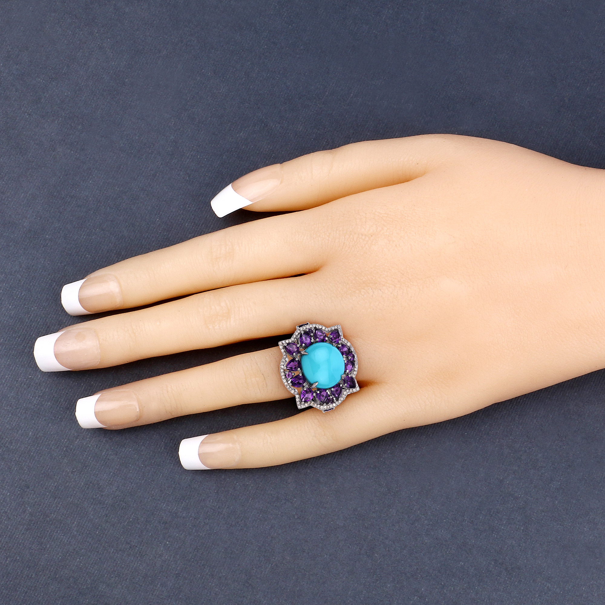 925 Amethyst, Turquoise & Diamond Ring