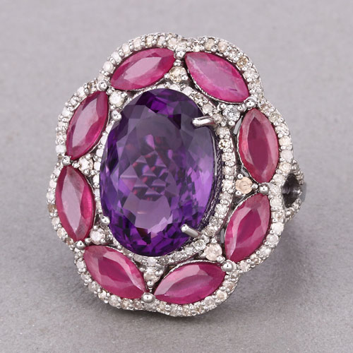 16.80 CT Ruby Amethyst & Diamond .925 Ring