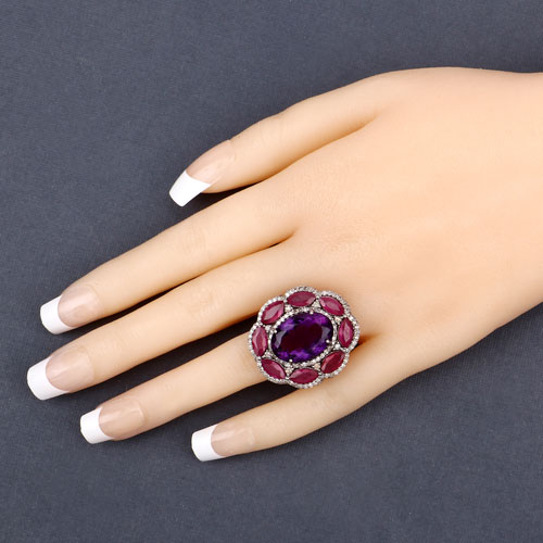 16.80 CT Ruby Amethyst & Diamond .925 Ring