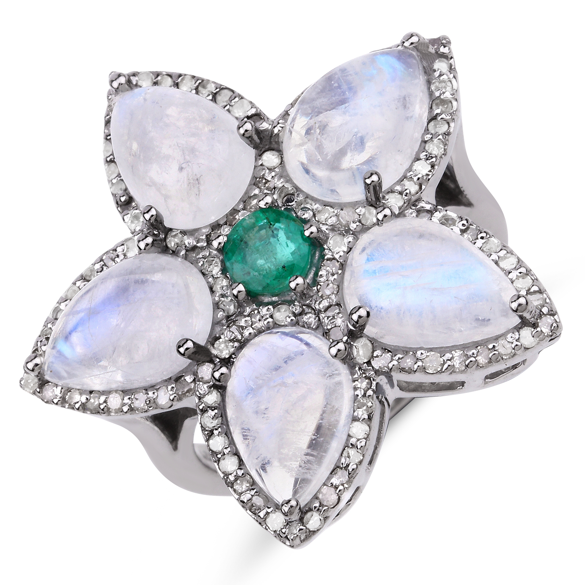 925 Rainbow Moonstone, Emerald and Diamond Ring
