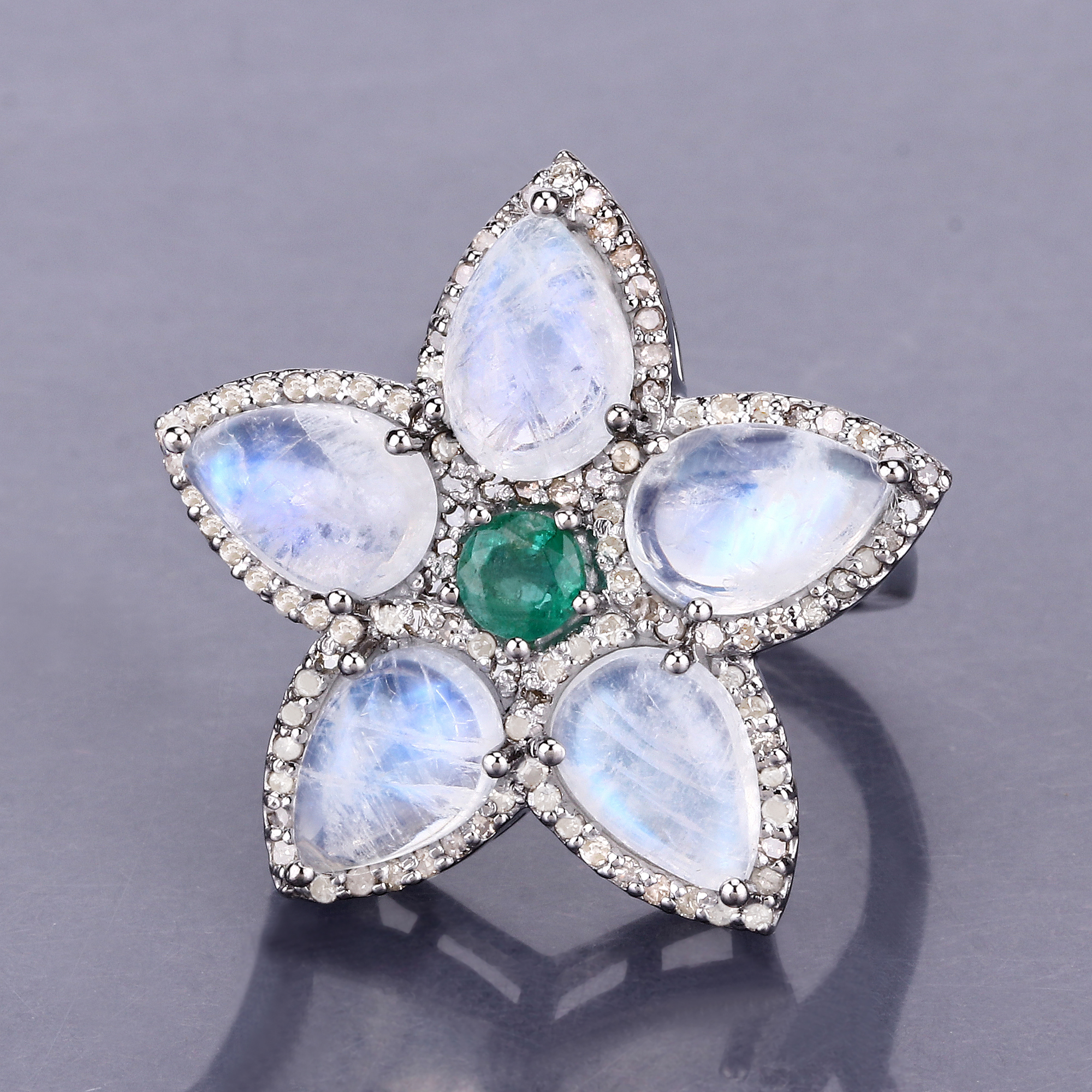 925 Rainbow Moonstone, Emerald and Diamond Ring