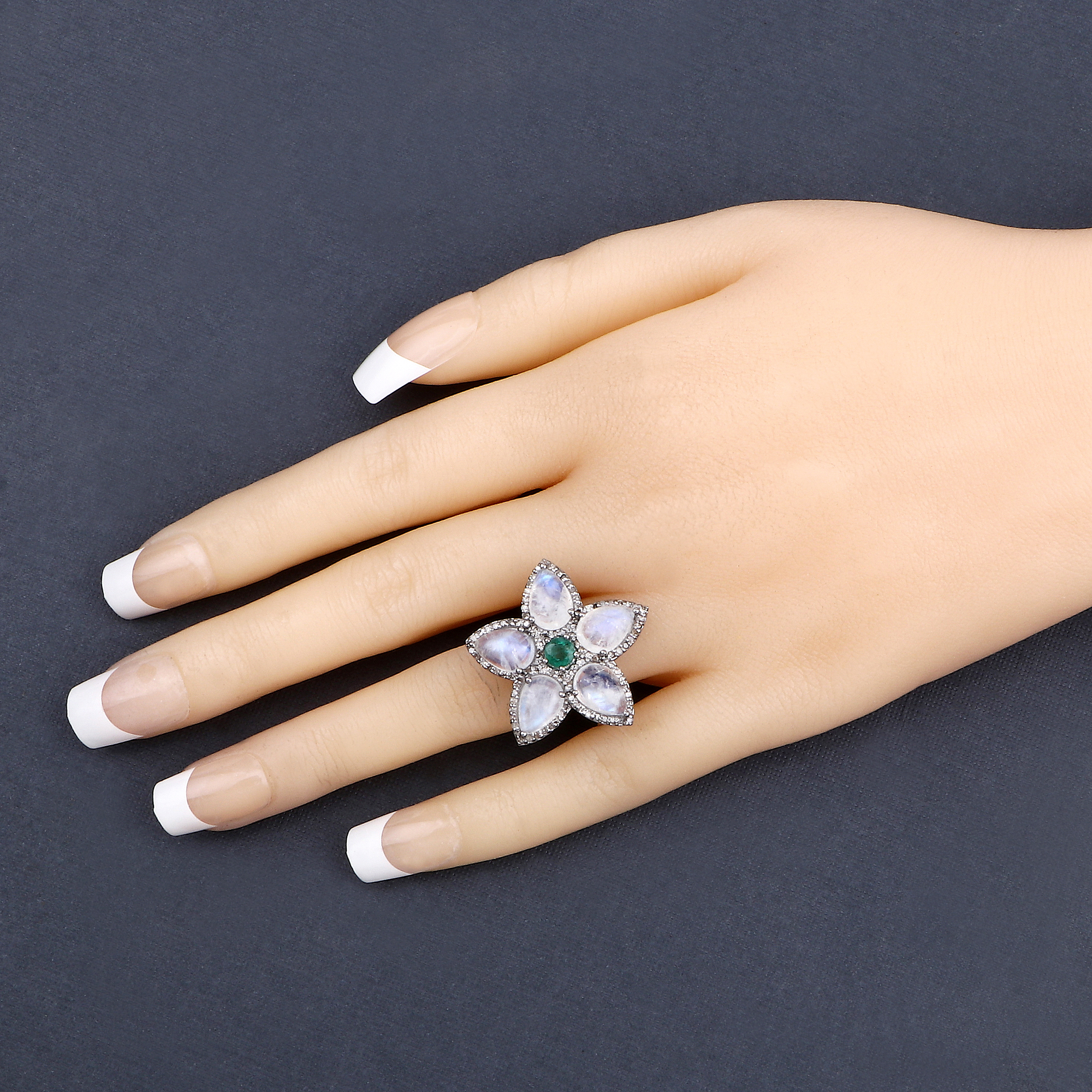 925 Rainbow Moonstone, Emerald and Diamond Ring