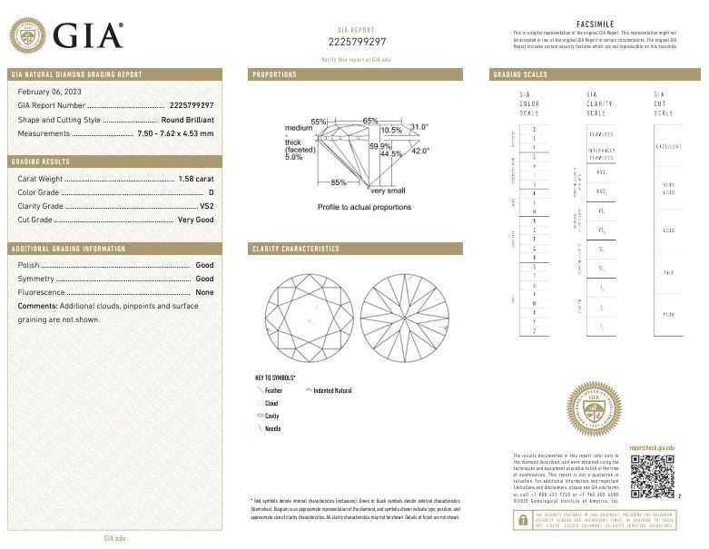 GIA Certified Loose D-VS2 1.58CT Round Brilliant Cut Natural Diamond