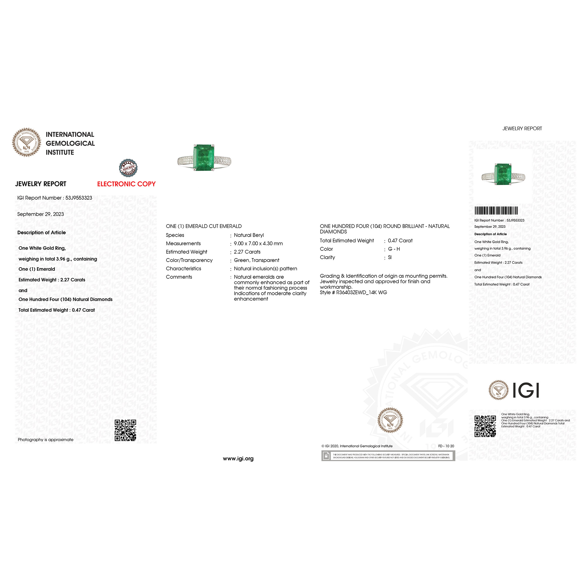 IGI Certified Zambian Emerald and Natural Diamond Ring