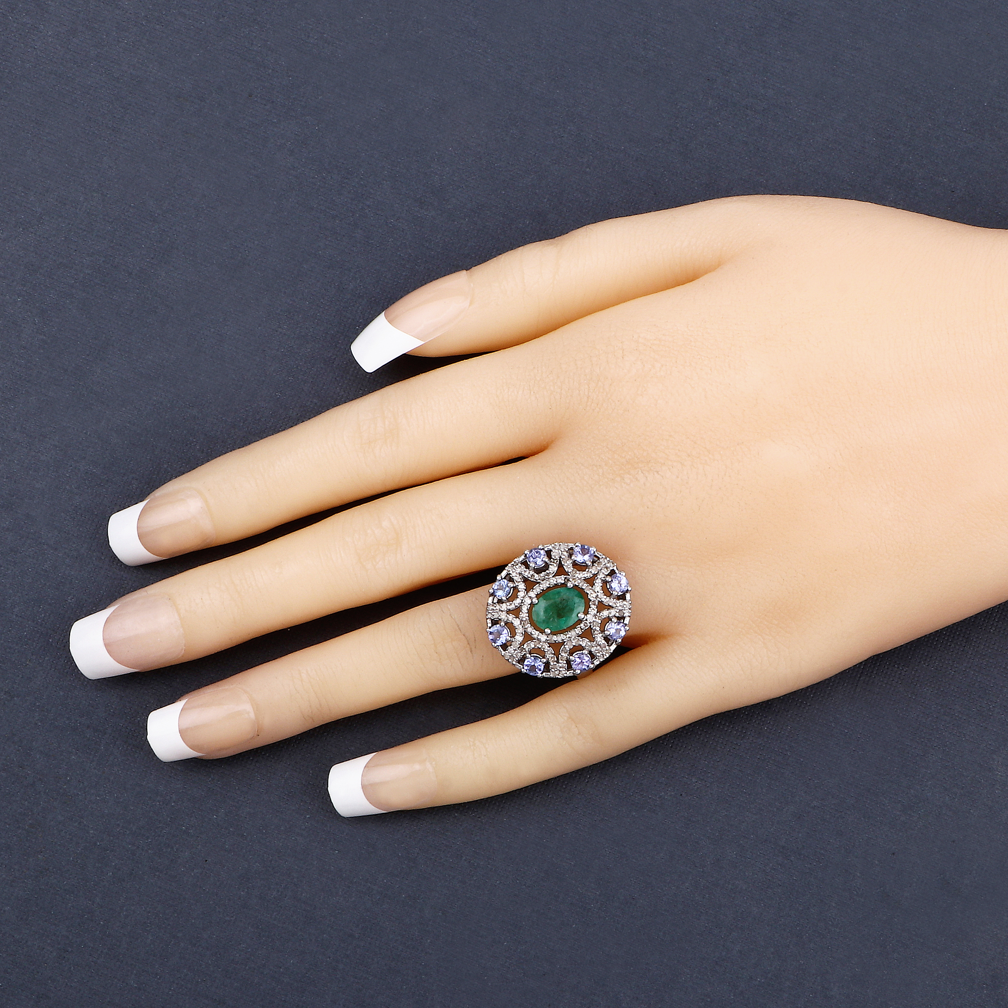 925 Emerald, Tanzanite & Diamond Ring