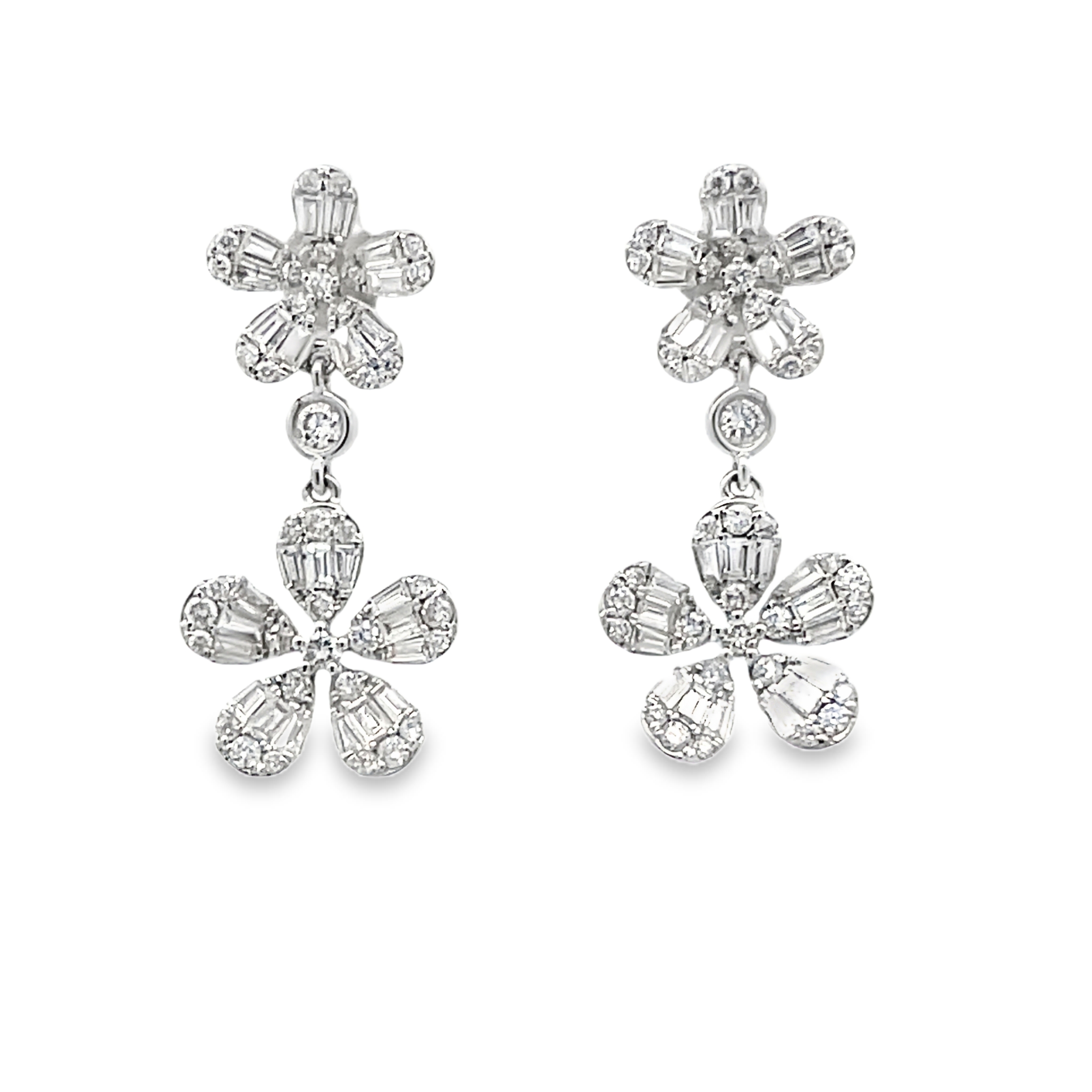 Diamond Double Flower Drop Earrings