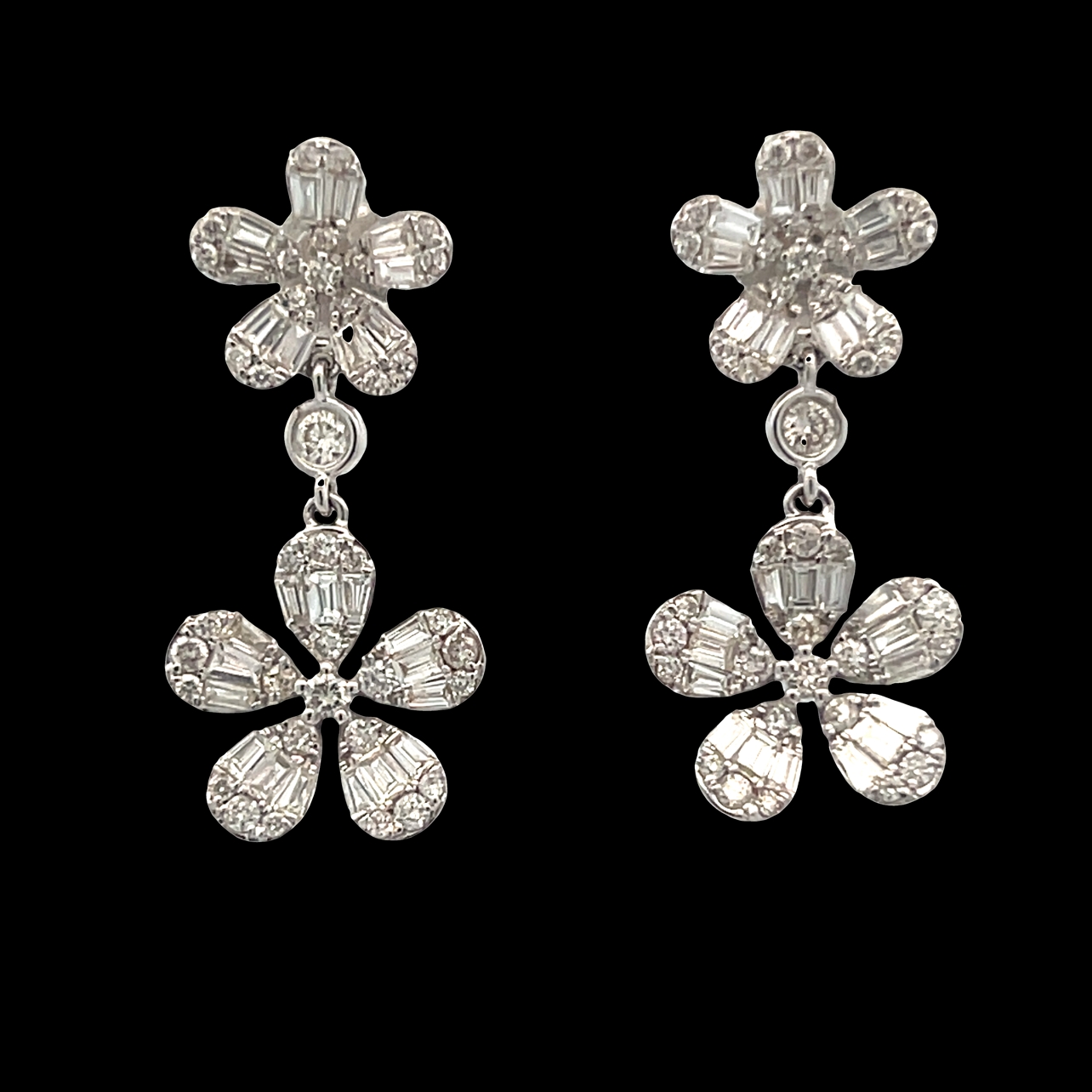 Diamond Double Flower Drop Earrings