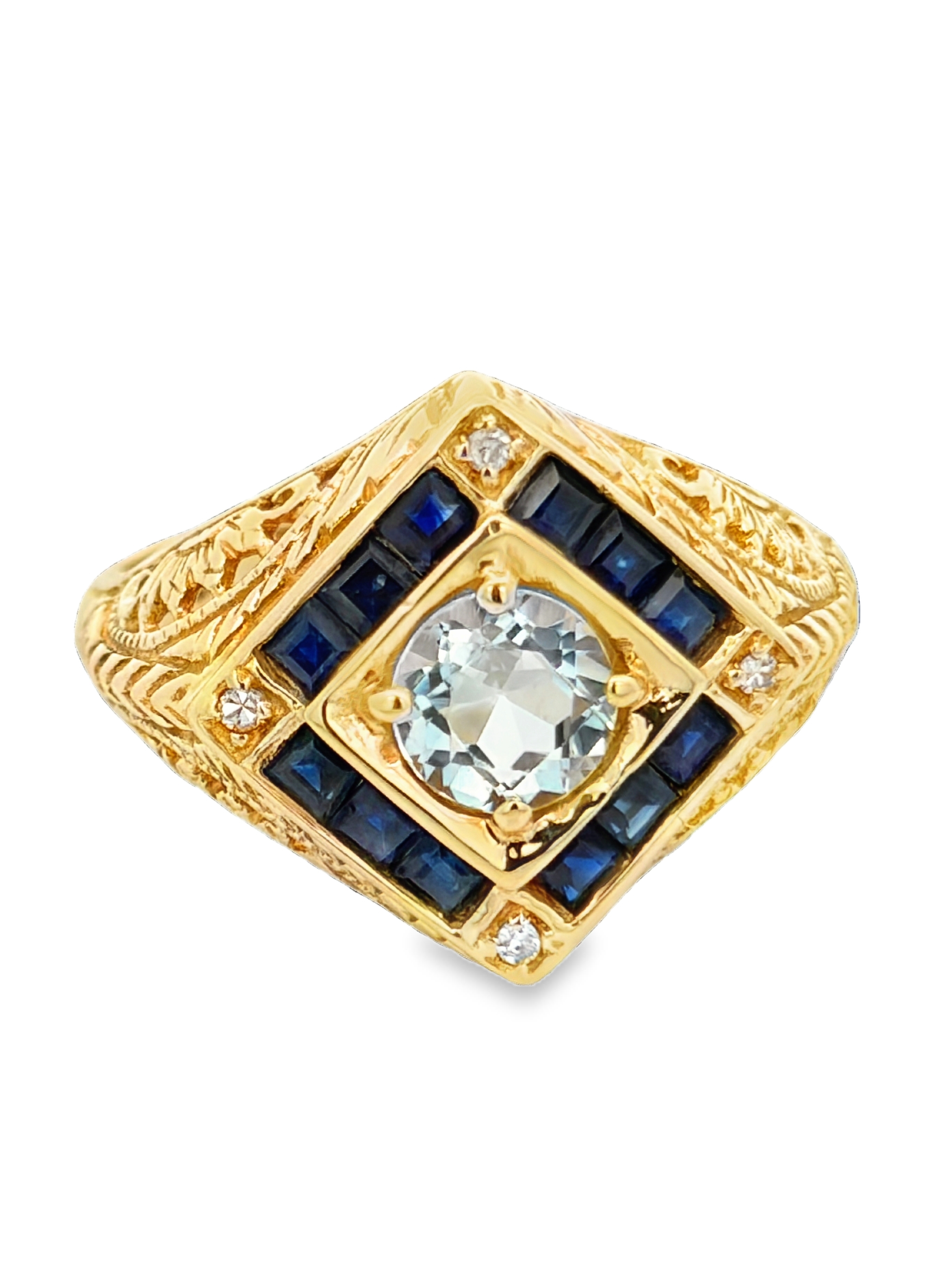 14K Aquamarine, Sapphire & Diamond Ring