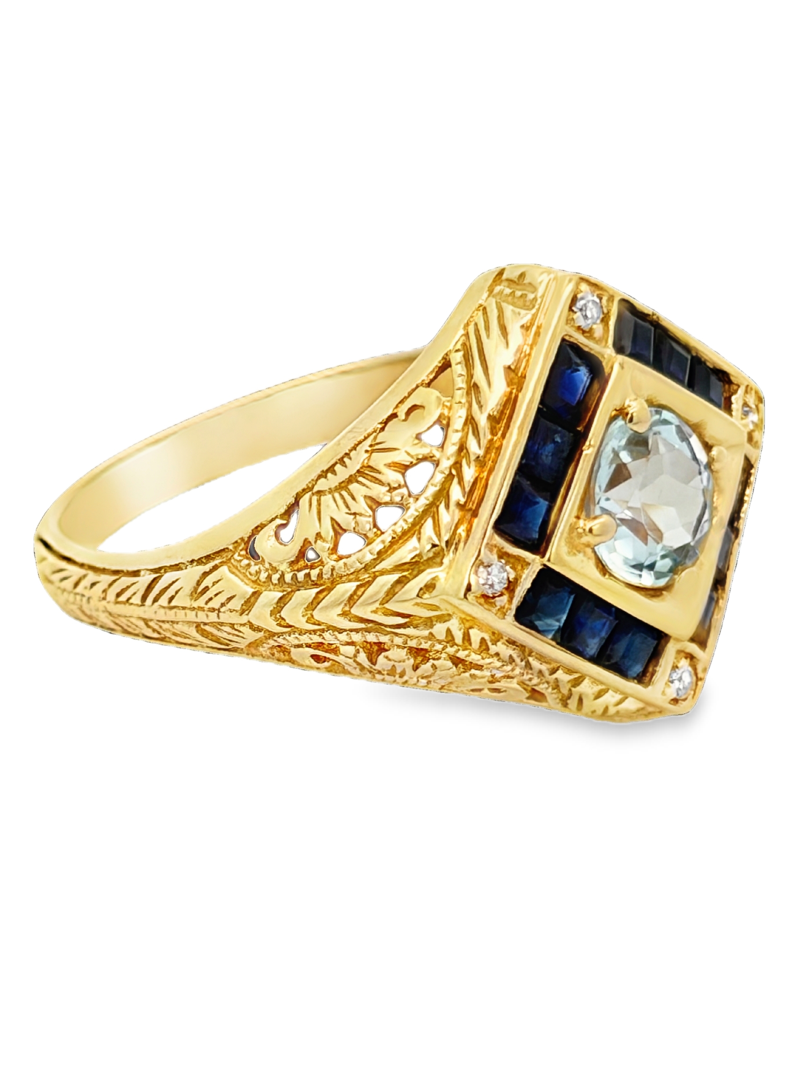 14K Aquamarine, Sapphire & Diamond Ring