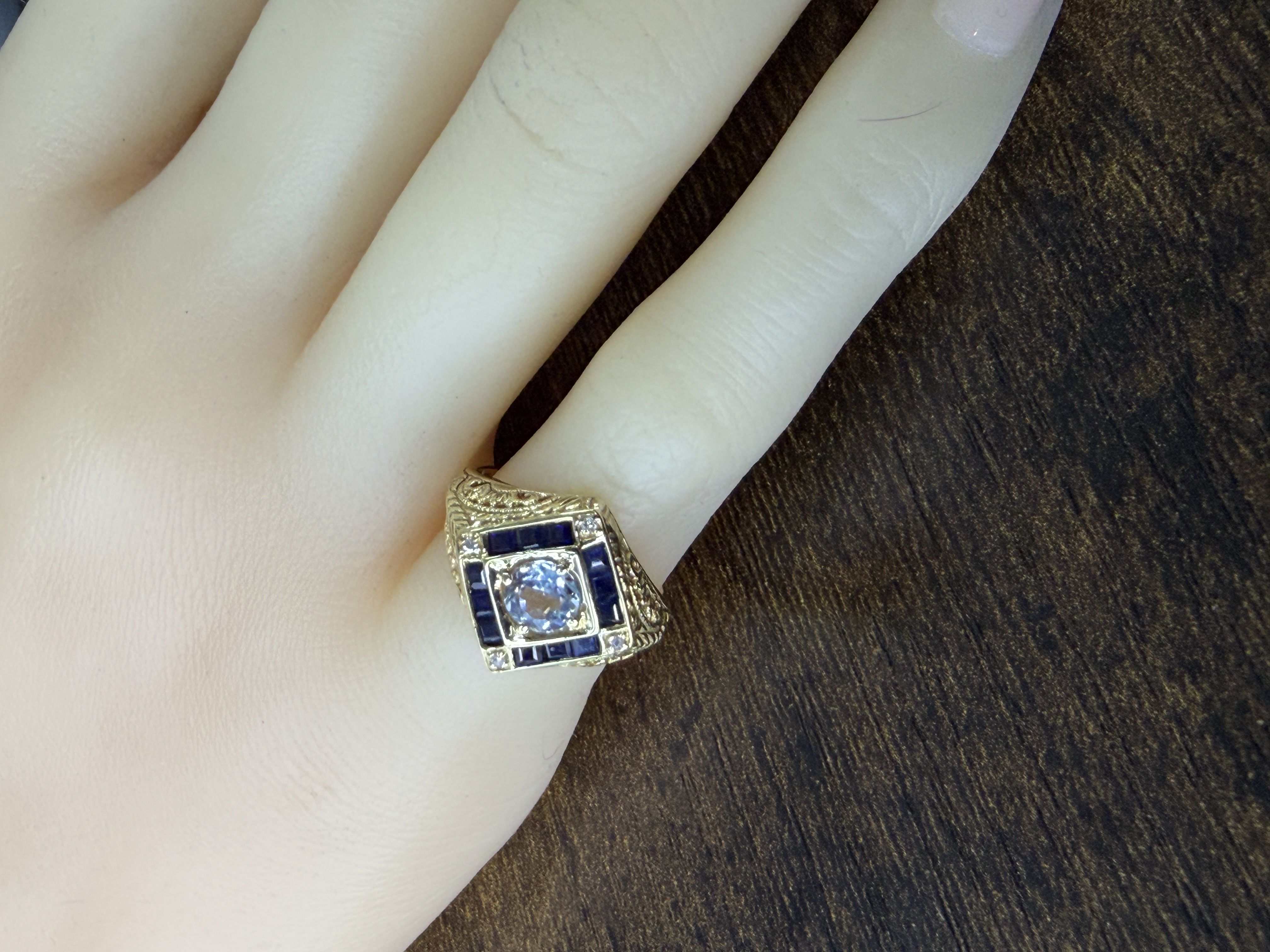 14K Aquamarine, Sapphire & Diamond Ring