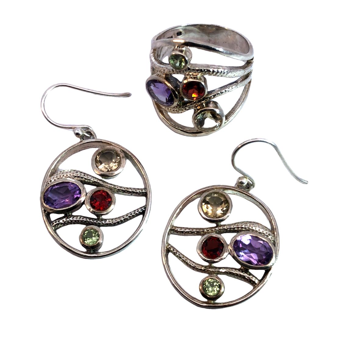 Multi Color Gemstone Ring and Earring Set
