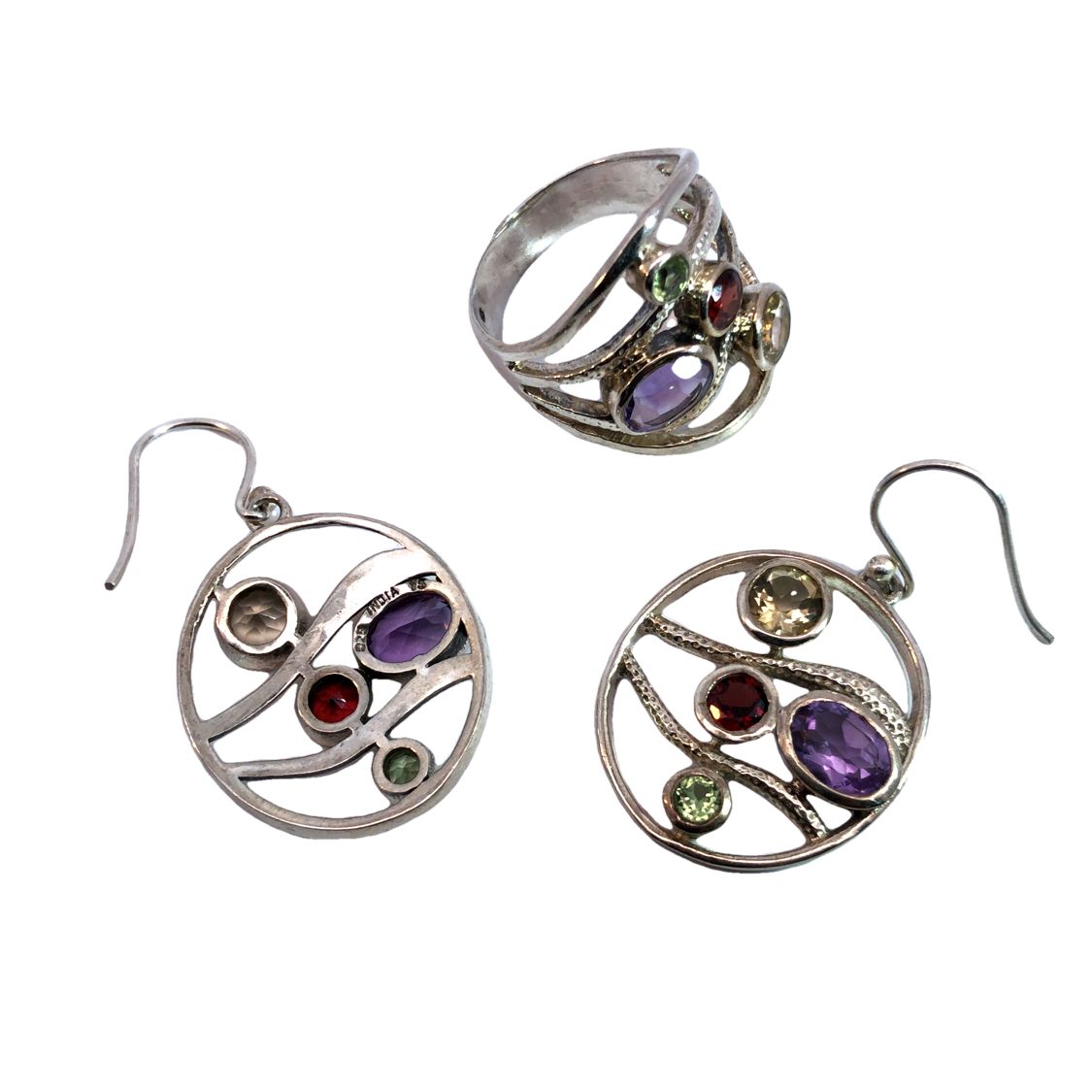 Multi Color Gemstone Ring and Earring Set