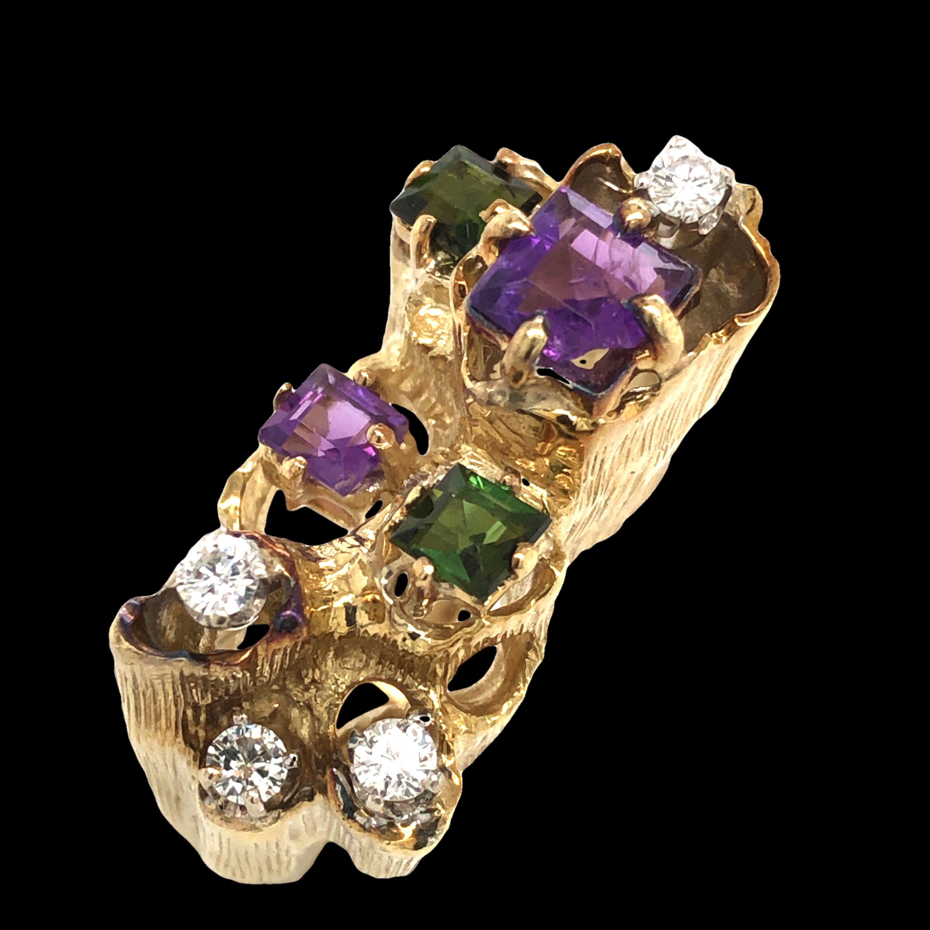 Scattered Diamond, Amethyst, and Tourmaline Ring