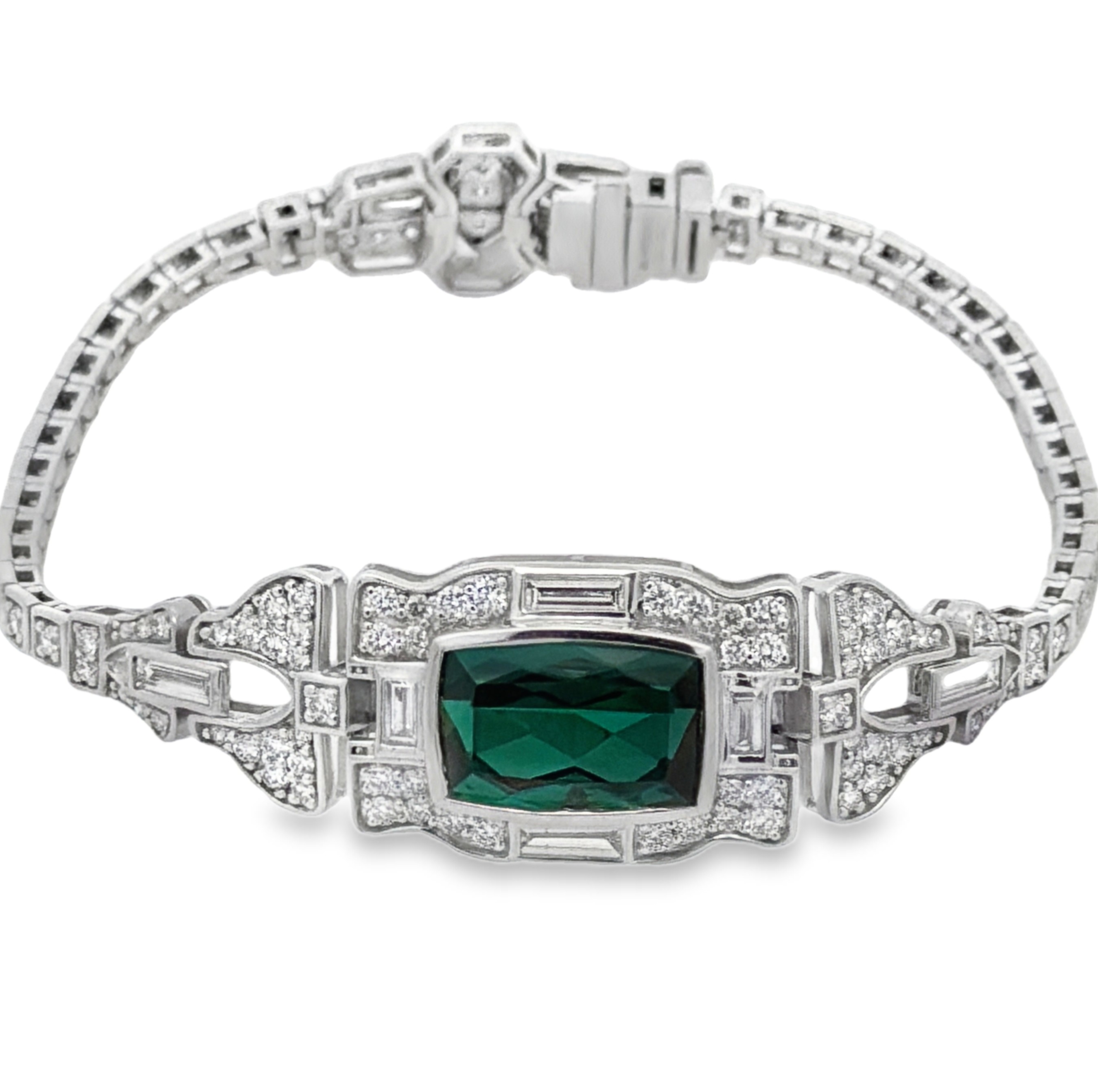 Fine Art Deco Style Natural Indicolite Tourmaline and Diamond Bracelet