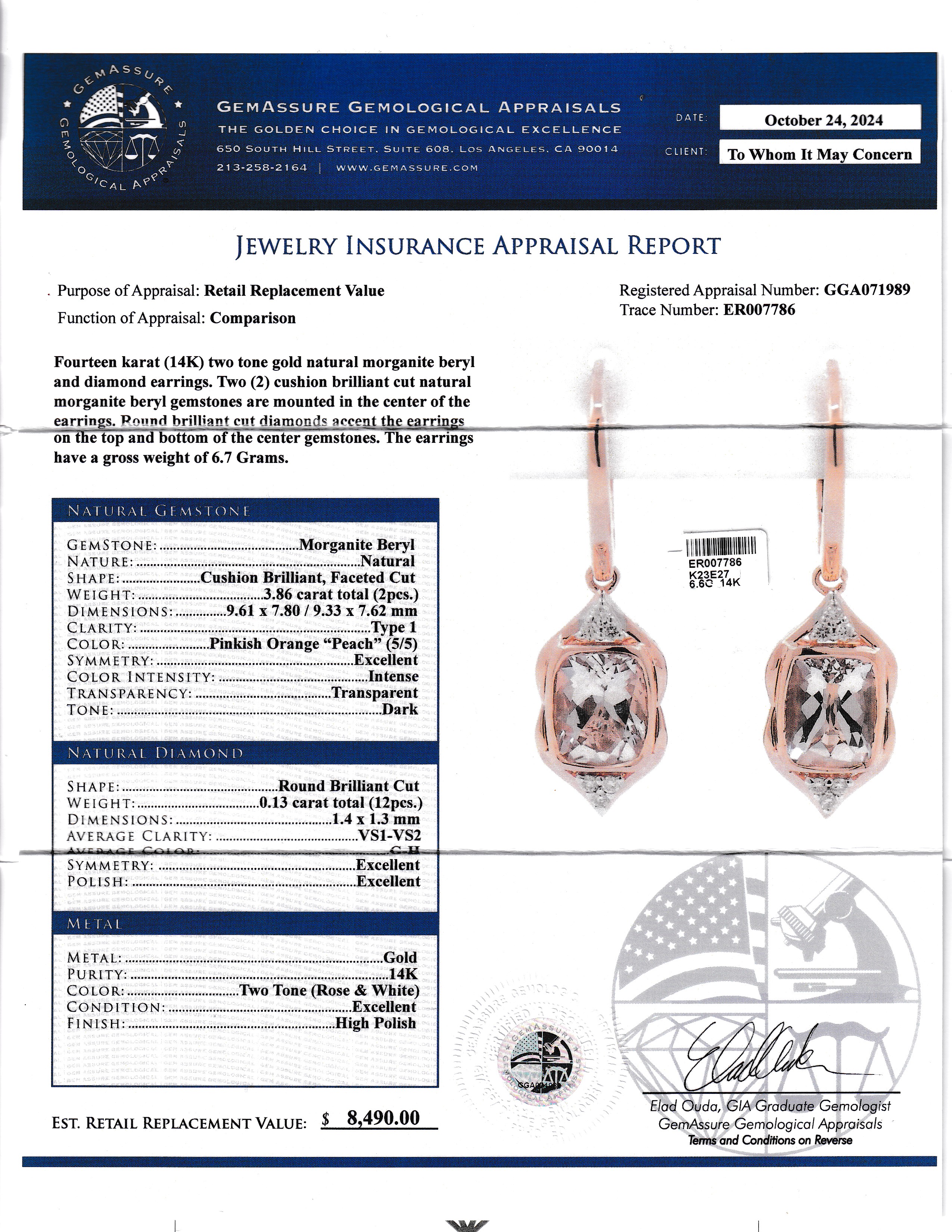 Natural Morganite & Diamond Drop Earrings by Oscar Friedman