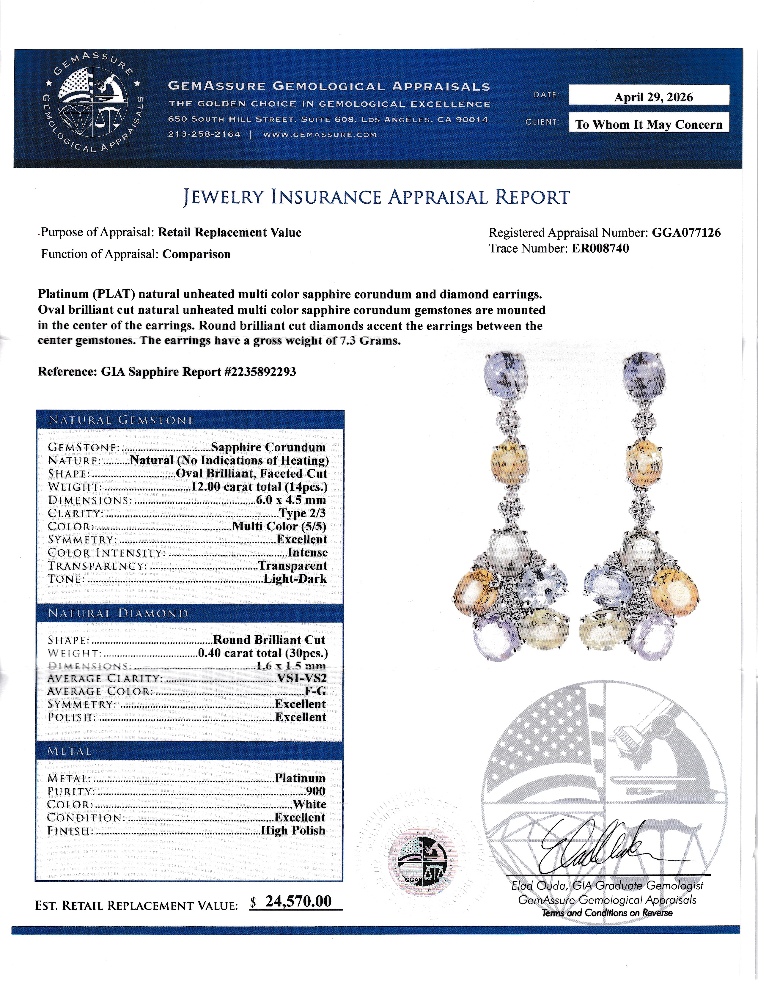 GIA Certified No Heat Multi Color Sapphire & Diamond Earrings
