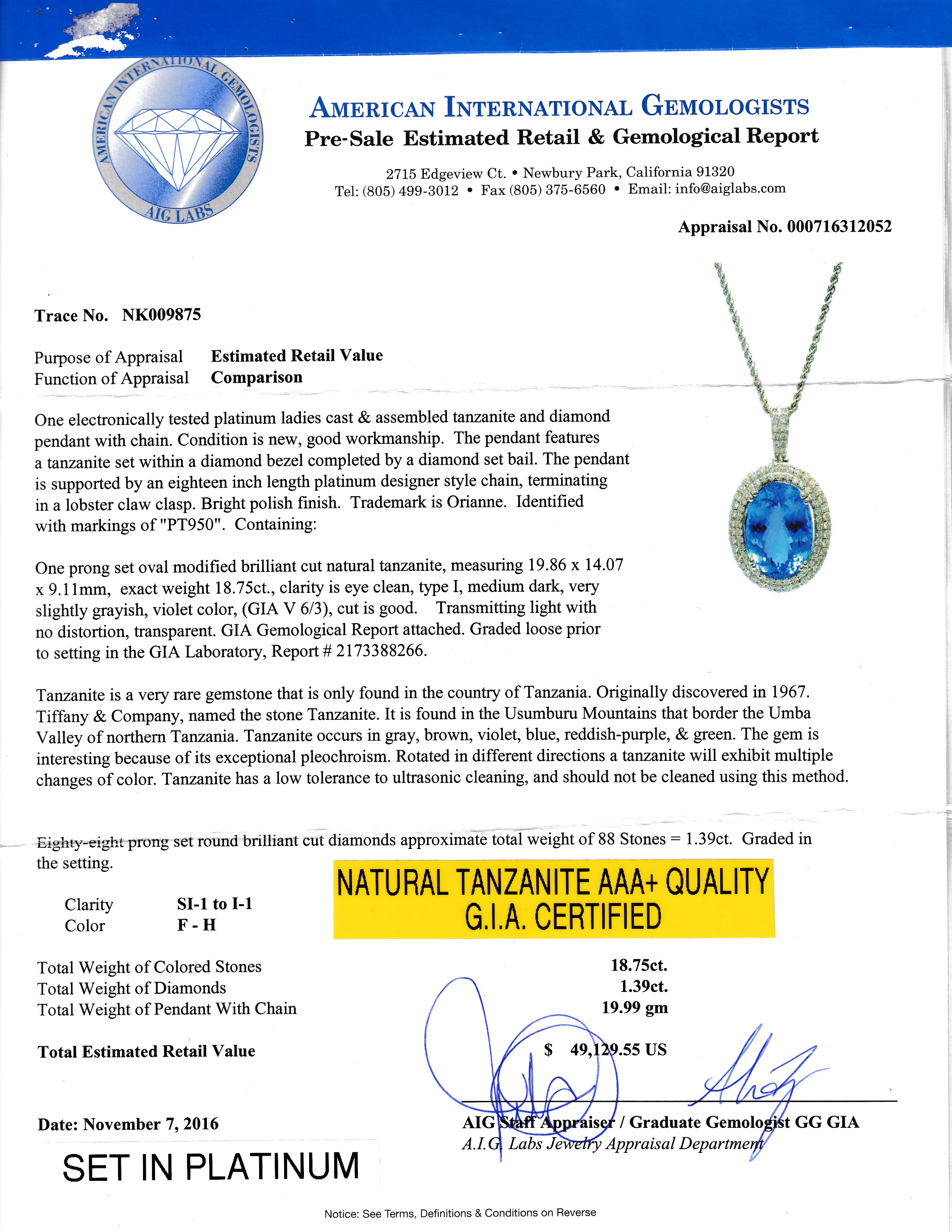 GIA Certified Oval Tanzanite (AAA+) & Natural Diamond Pendant on Chain