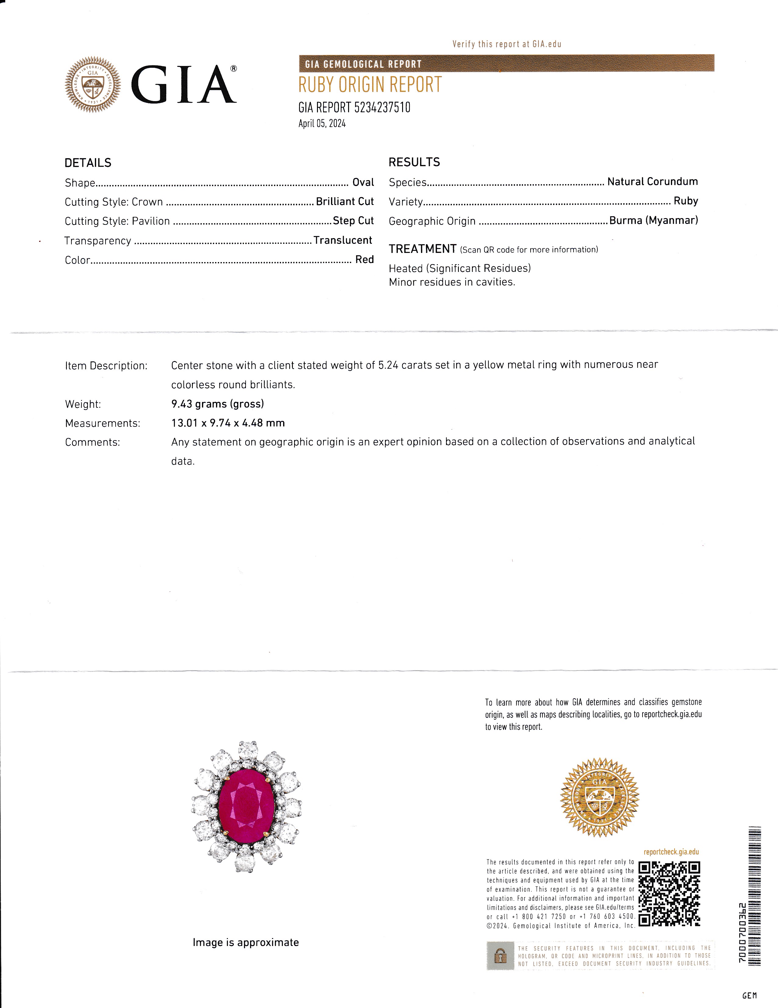 GIA Certified Burma Ruby & Natural Diamond Cocktail Ring by Oscar Friedman