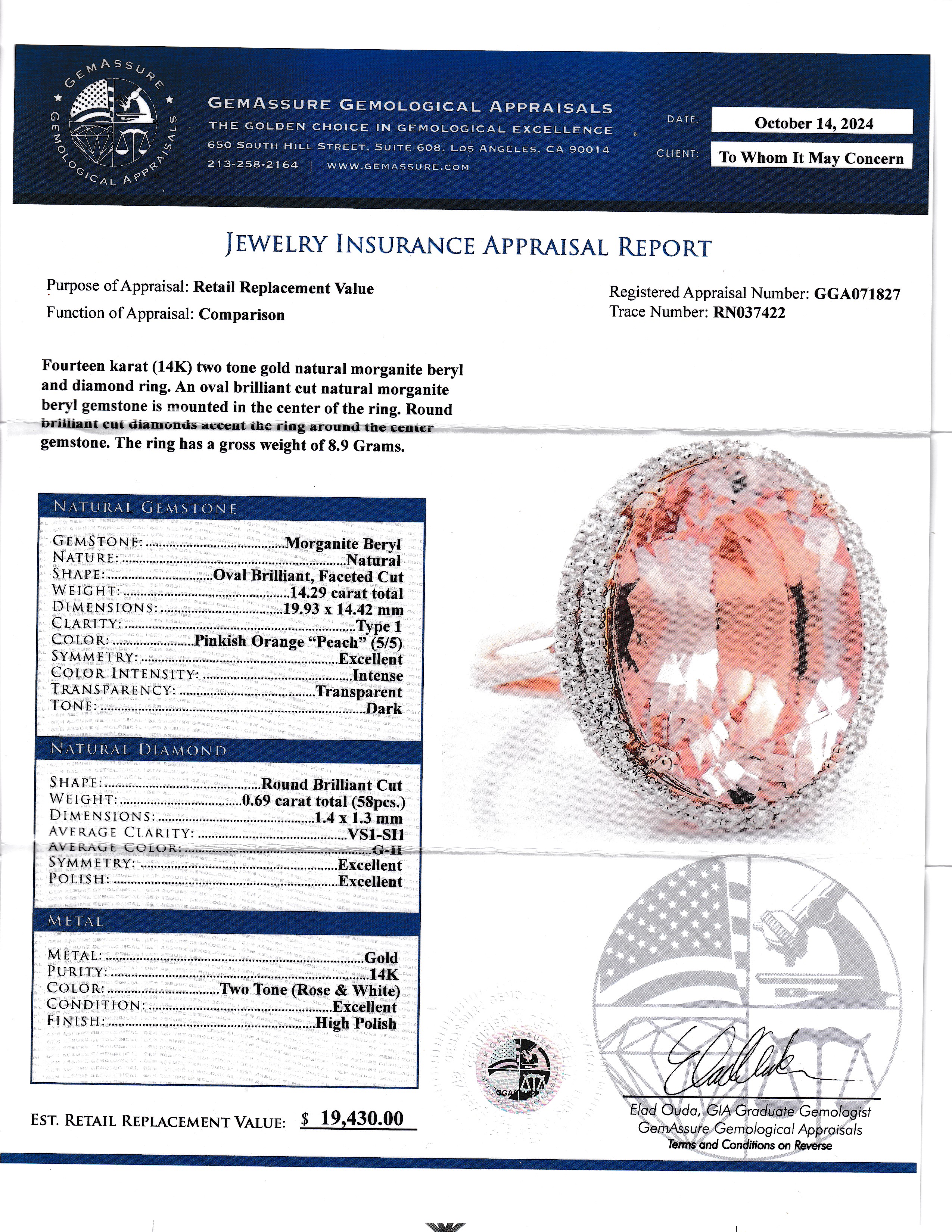 14.29 Carat Natural Morganite & Diamond Cocktail Ring