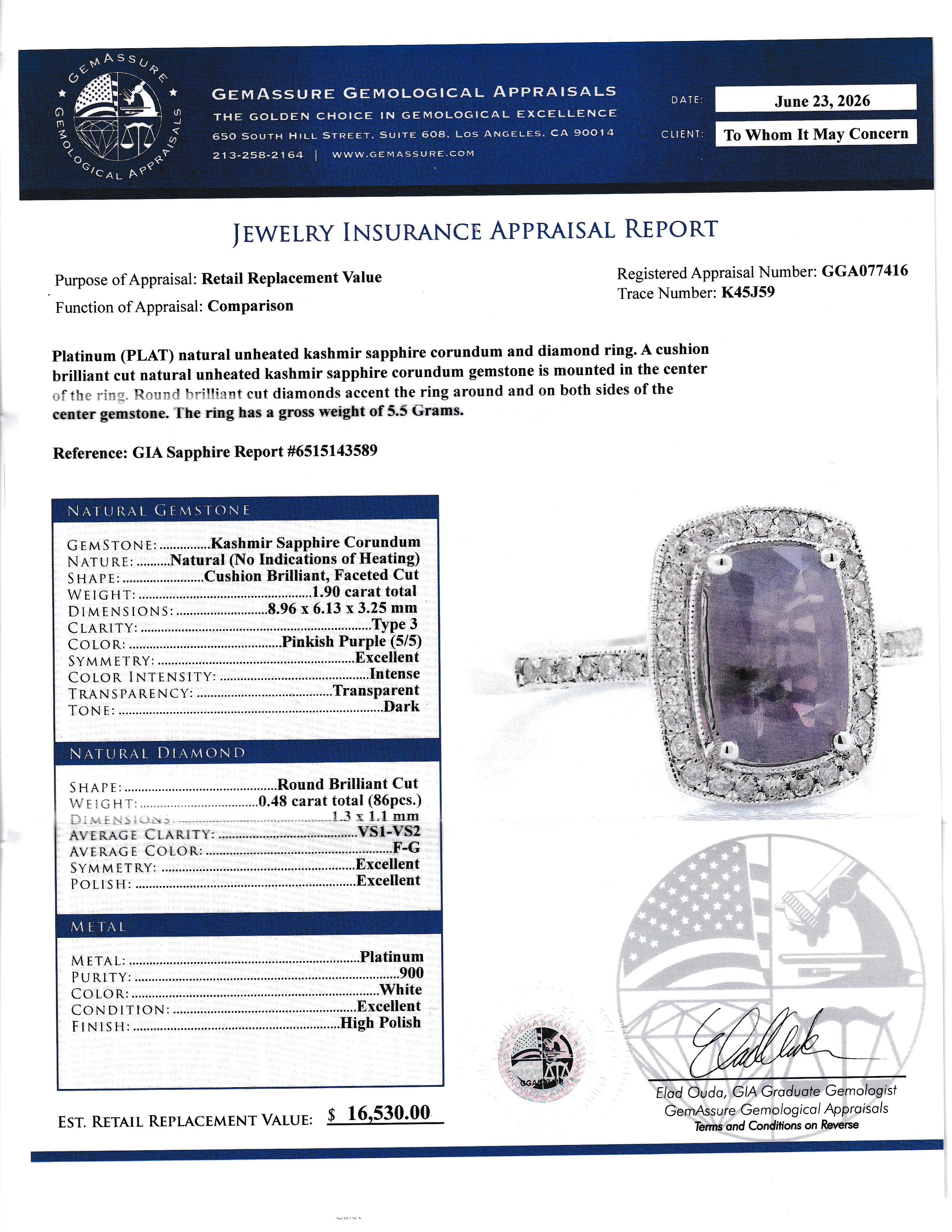 GIA Certified No Heat Kashmir Sapphire & Natural Diamond Ring by Oscar Friedman