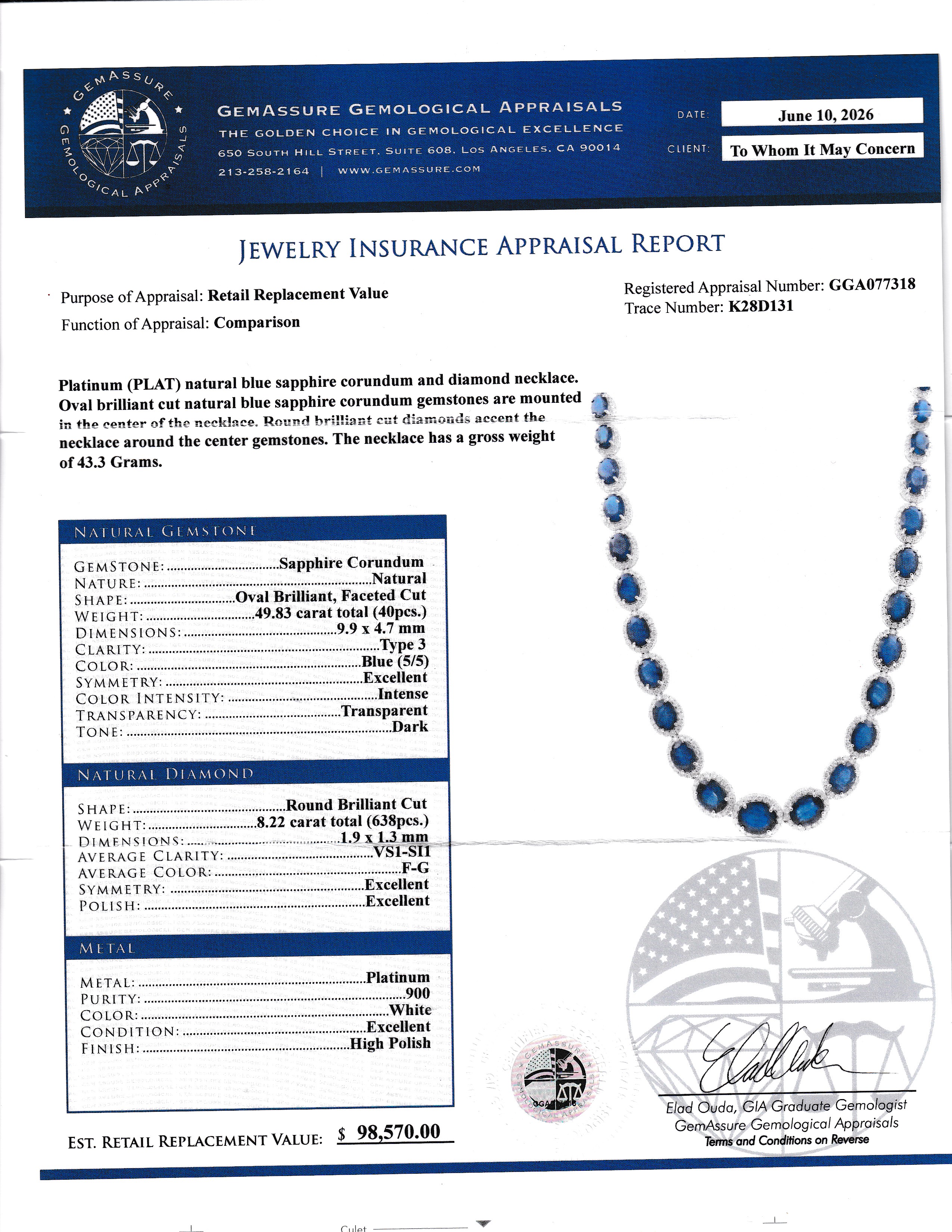 Oscar Friedman Blue Sapphire & Natural Diamond Eternity Link Necklace