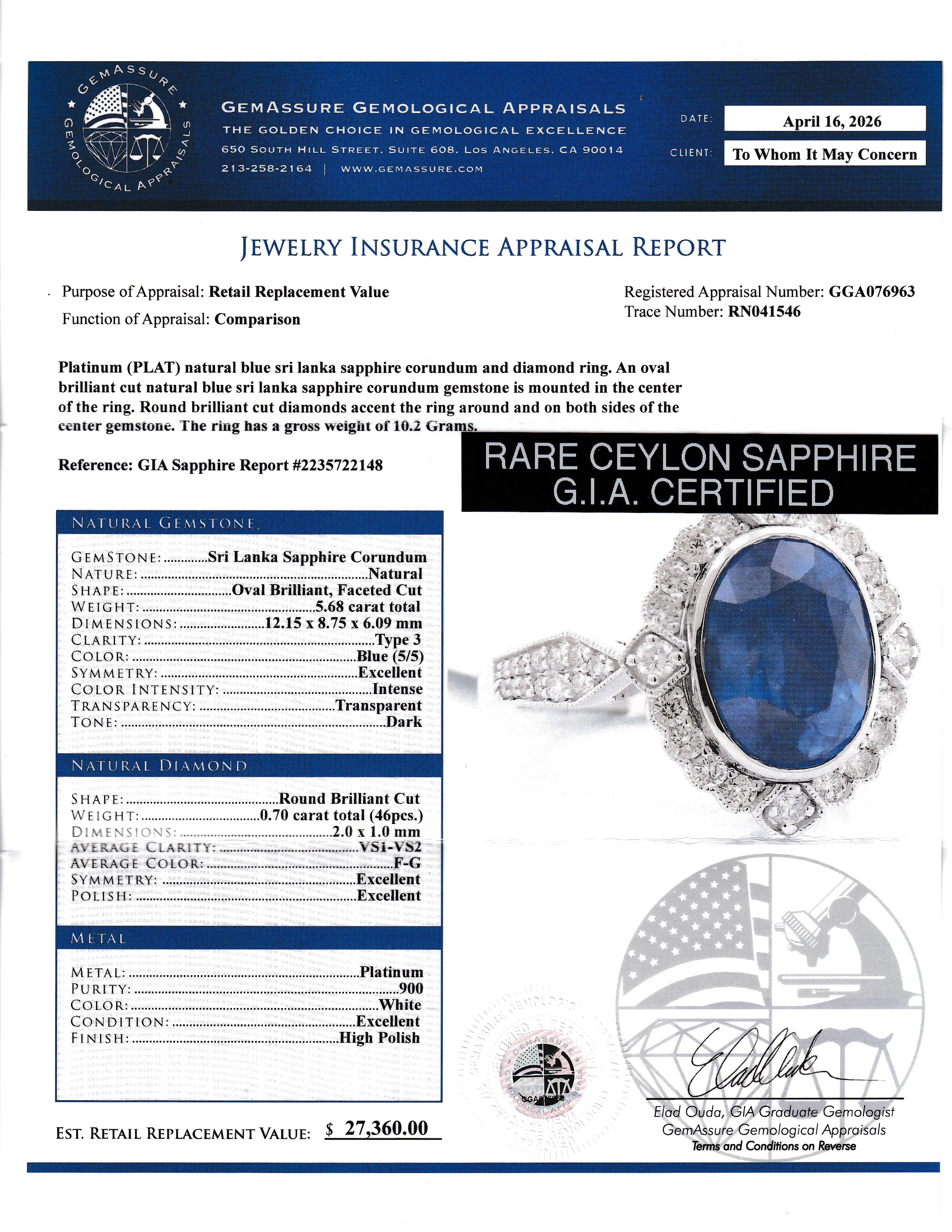 GIA Certified Ceylon Sapphire & Natural Diamond Cocktail Ring by Oscar Friedman