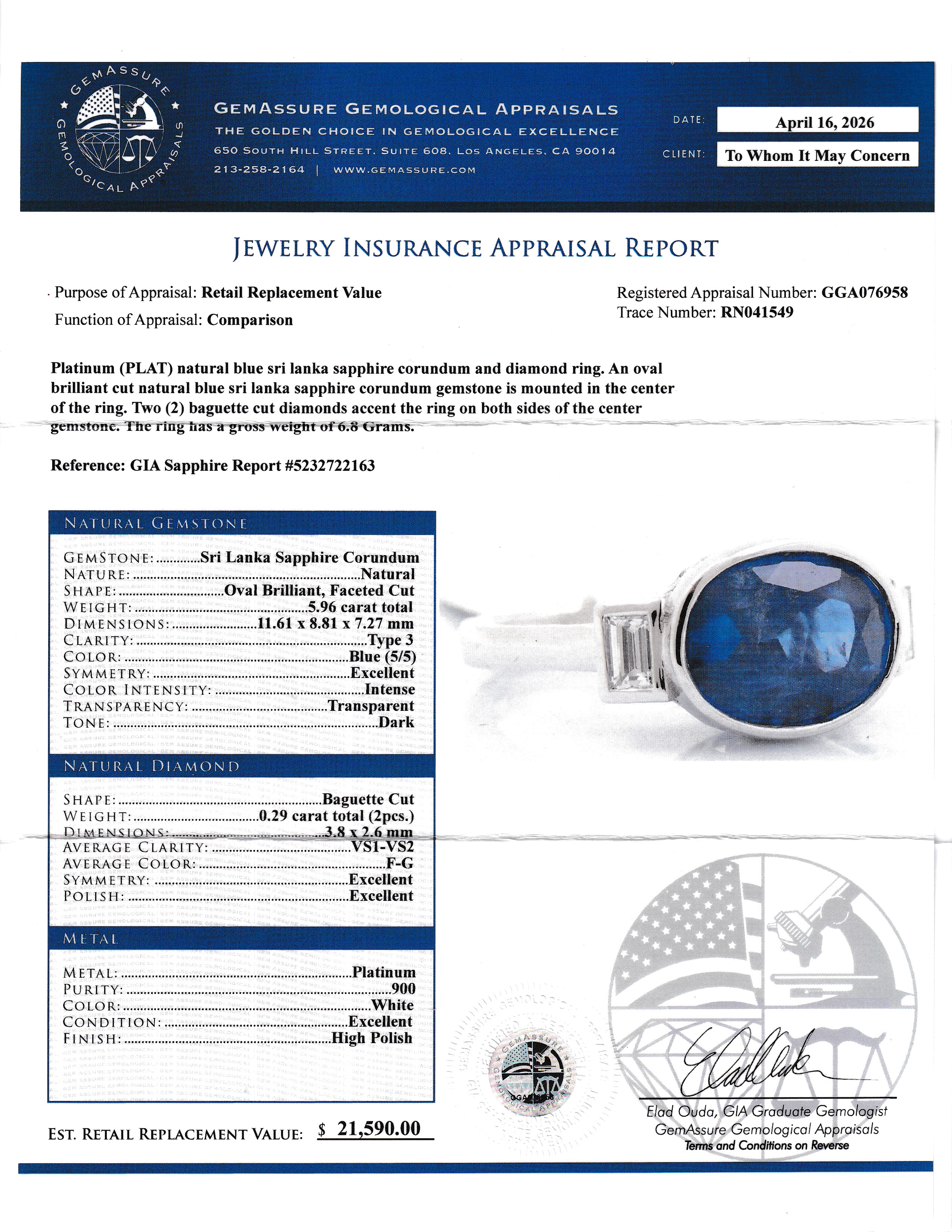 GIA Certified Ceylon Sapphire & Natural Diamond Ring by Oscar Friedman