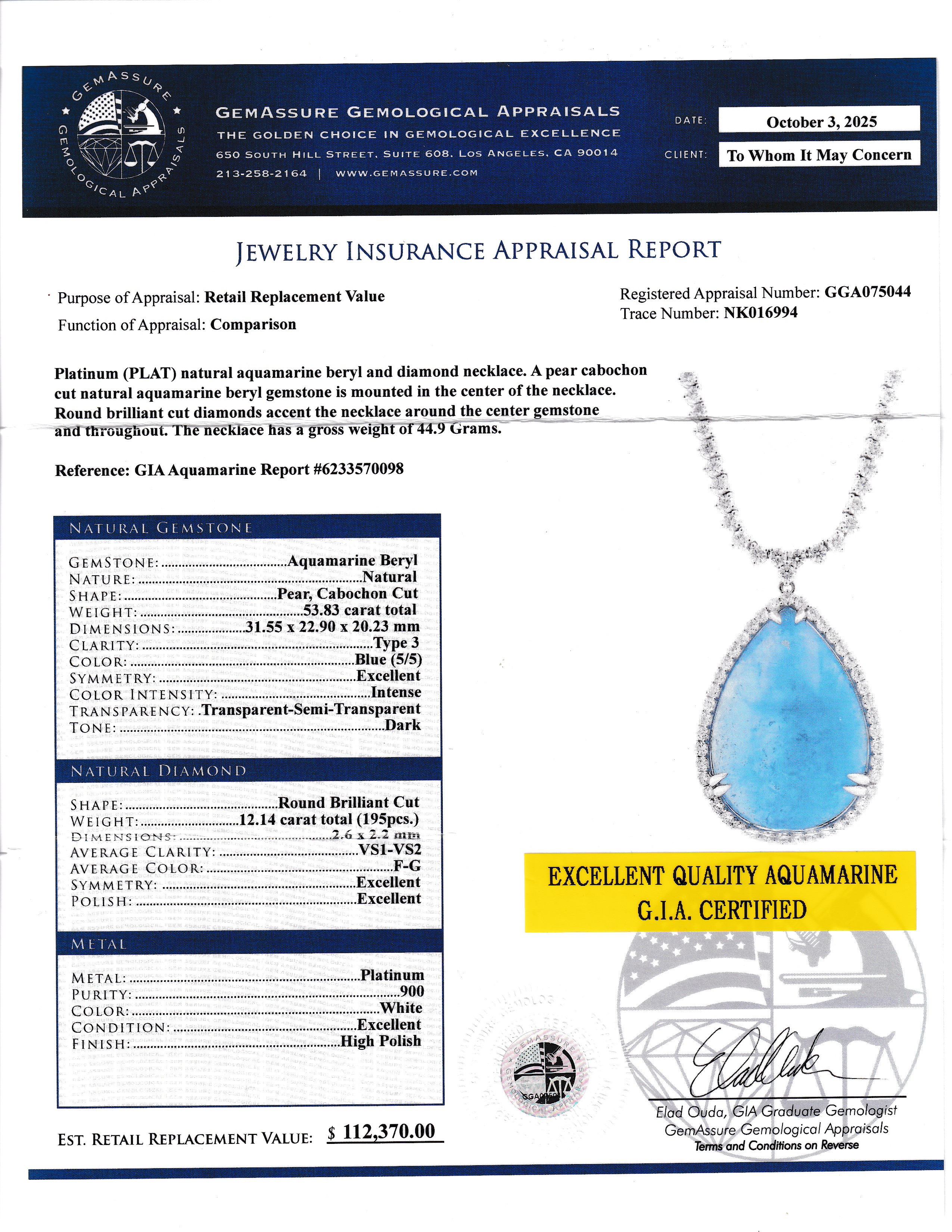 GIA Certified Aquamarine & Natural Diamond Tennis Necklace by Oscar Friedman