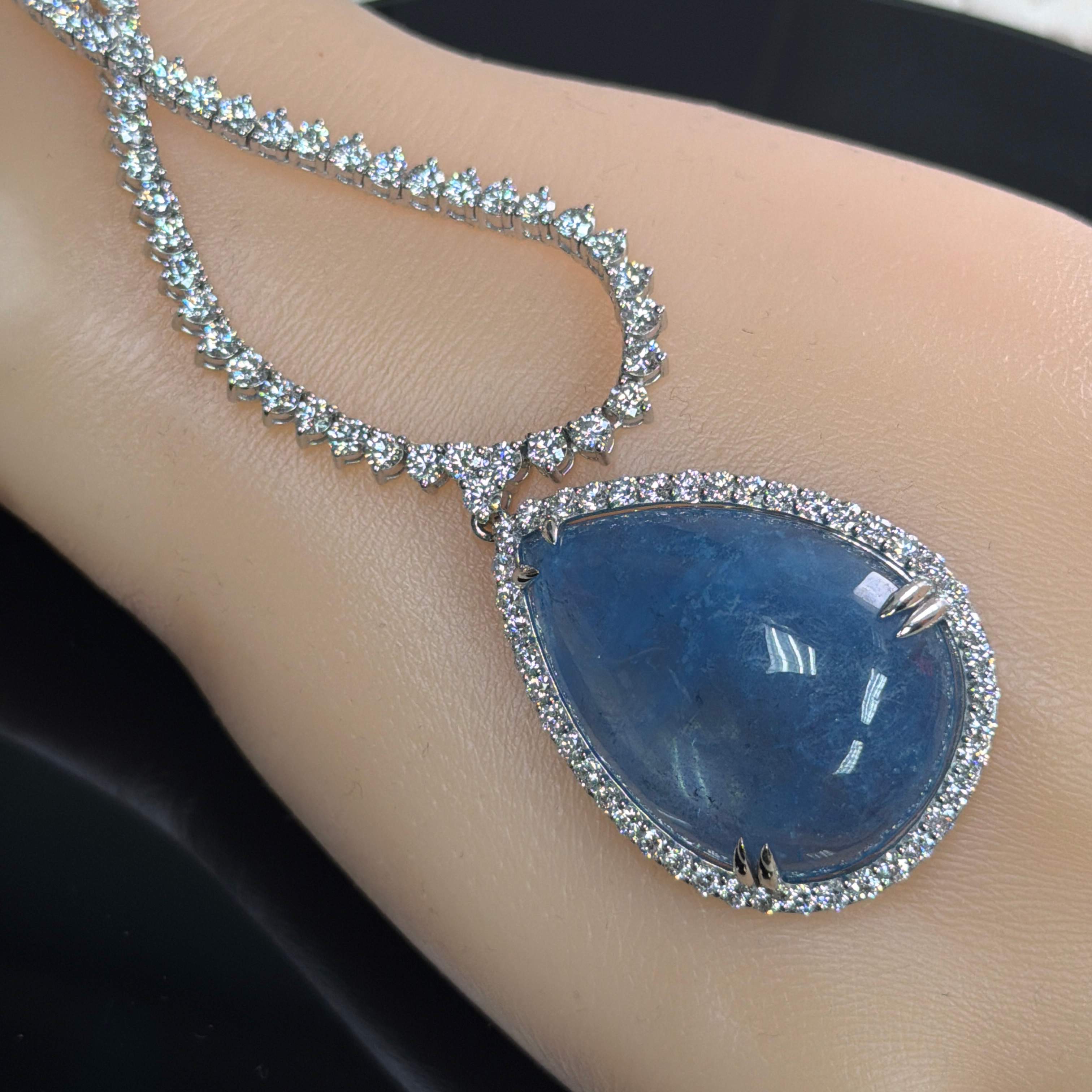 GIA Certified Aquamarine & Natural Diamond Tennis Necklace by Oscar Friedman
