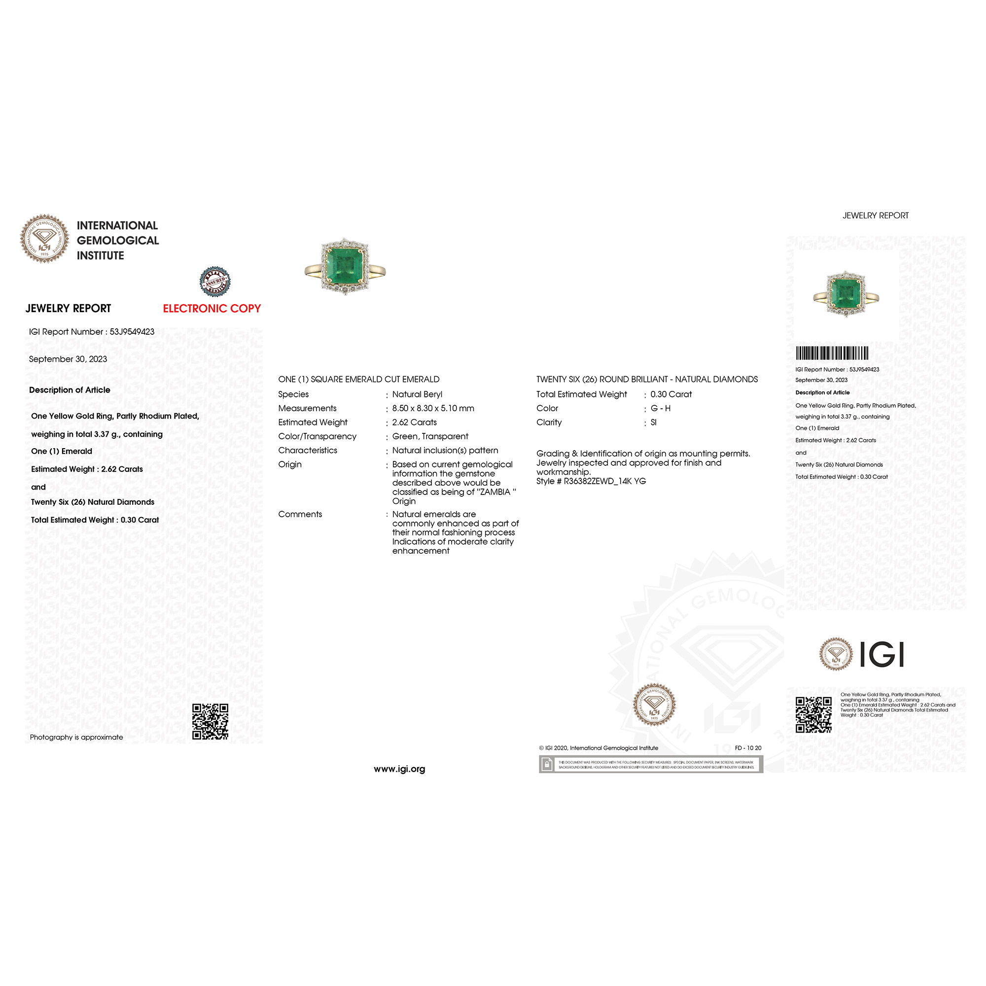 IGI Certified 2.62 CT Emerald and Natural Diamond Ring