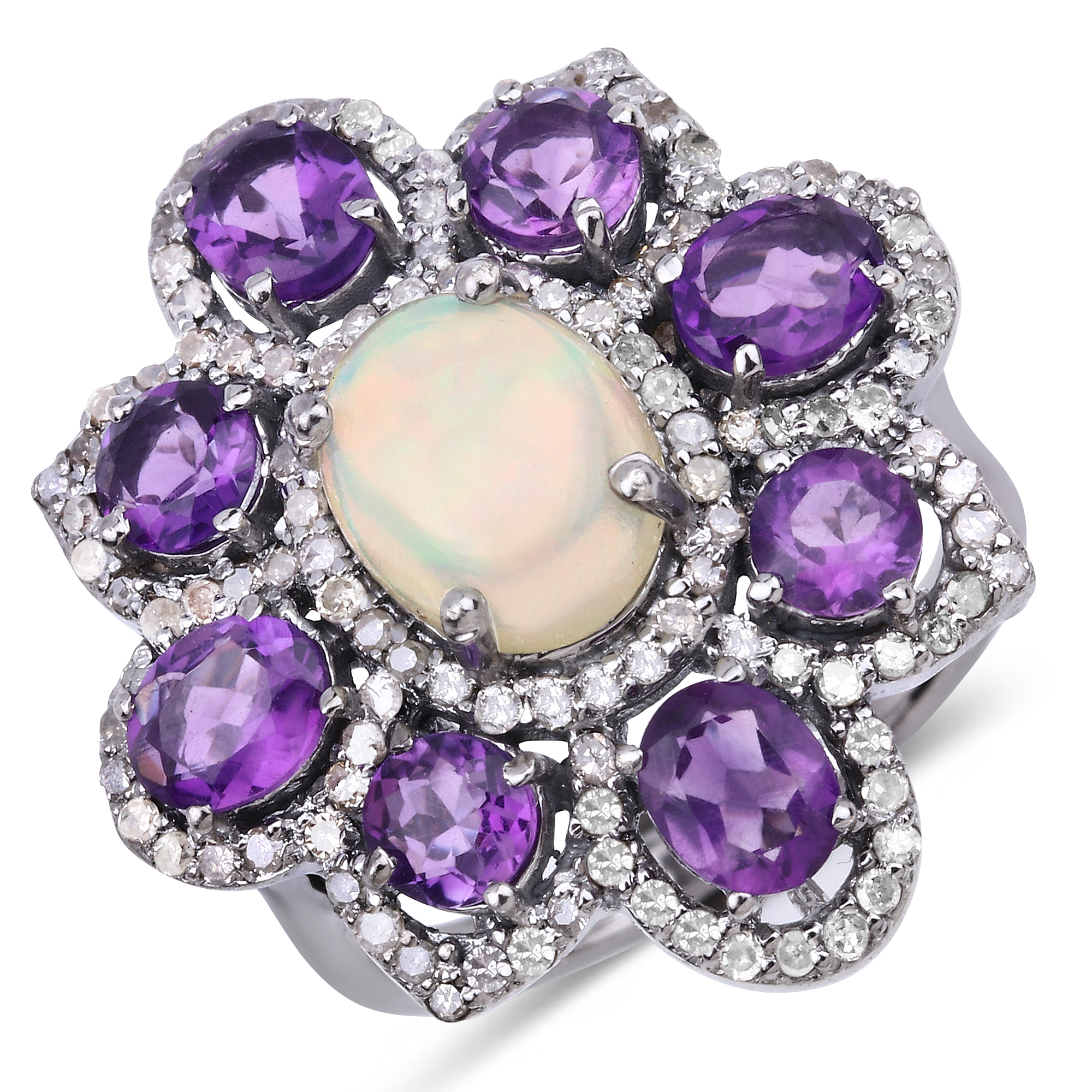 925 Amethyst, Opal & Diamond Ring