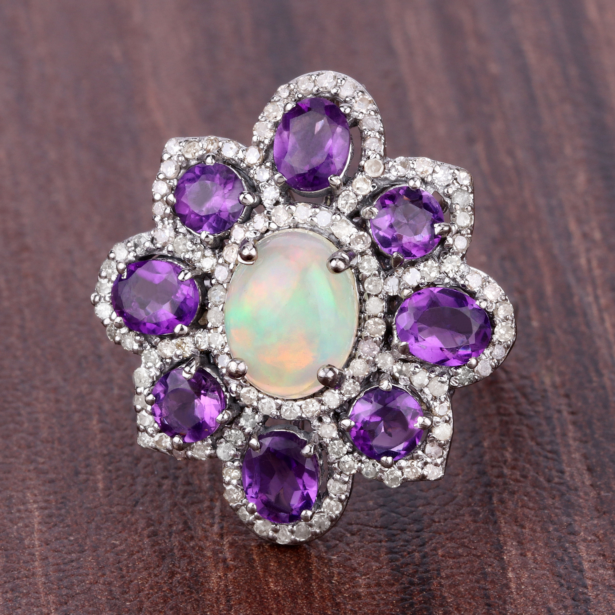 925 Amethyst, Opal & Diamond Ring