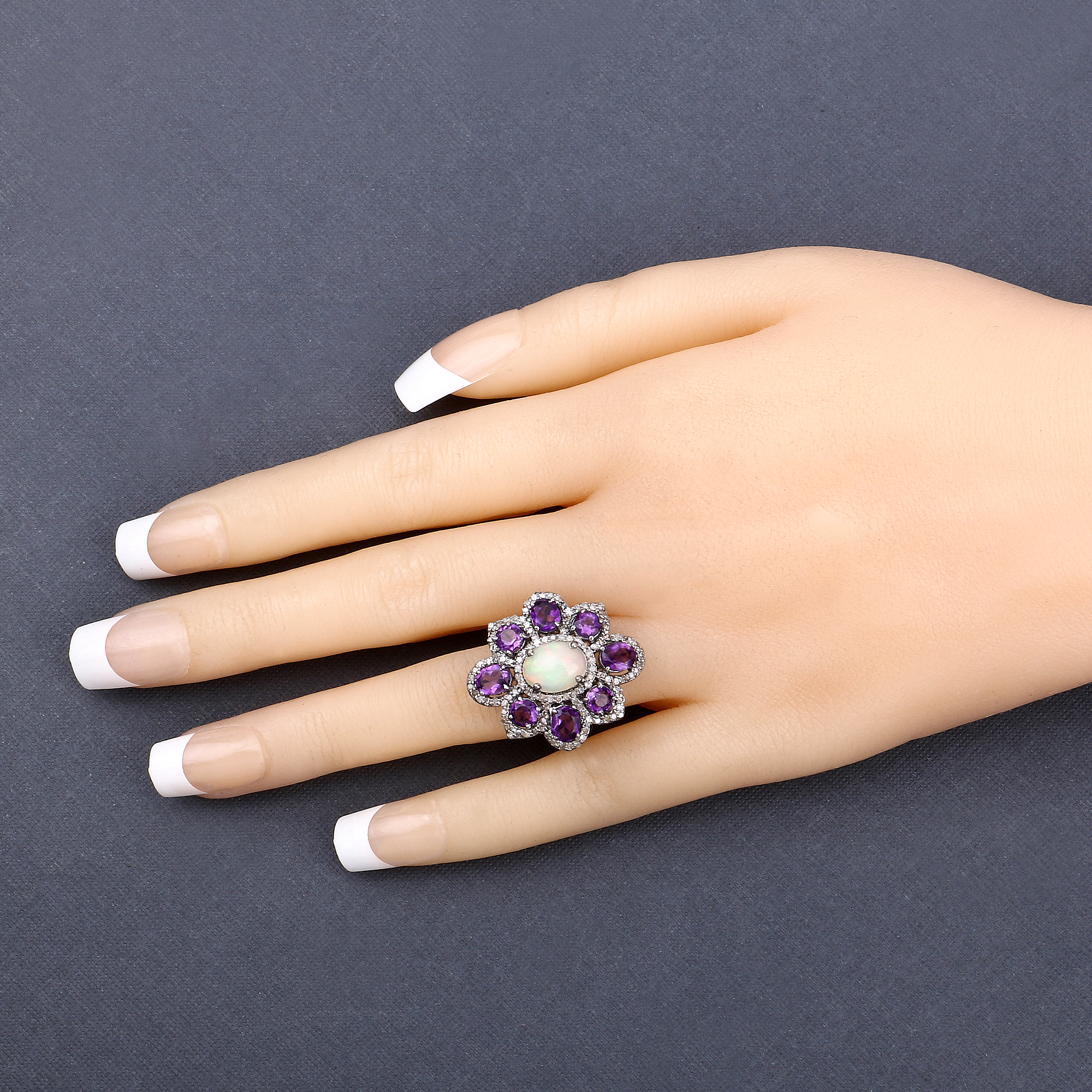925 Amethyst, Opal & Diamond Ring